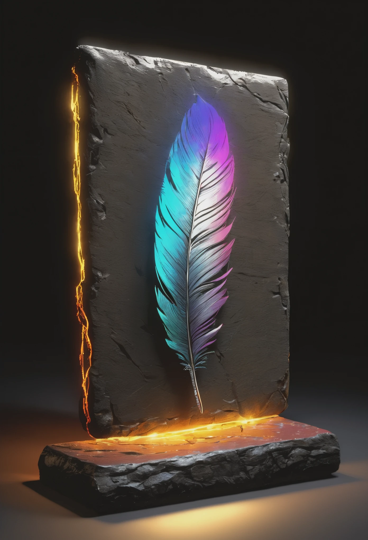 illustration，painting，acrylic painting，victorian art style，A mysterious and simple stone tablet full of cracks，A strong and dazzling seven-color light emits from it，full body portrait，Focus on falling feathers，spotlight effect，rim light，Glowing special effects，Colorful and bright，high saturation，high contrast，black background，Super fine，Super realistic，Real light and shadow contrast，Realistic ray tracing，True light falloff，True light reflection，anti-aesthetic style，Poodlepunk，Snapshot aesthetic style ，  --q 2  --s 980   --ar 9:16 --niji 6