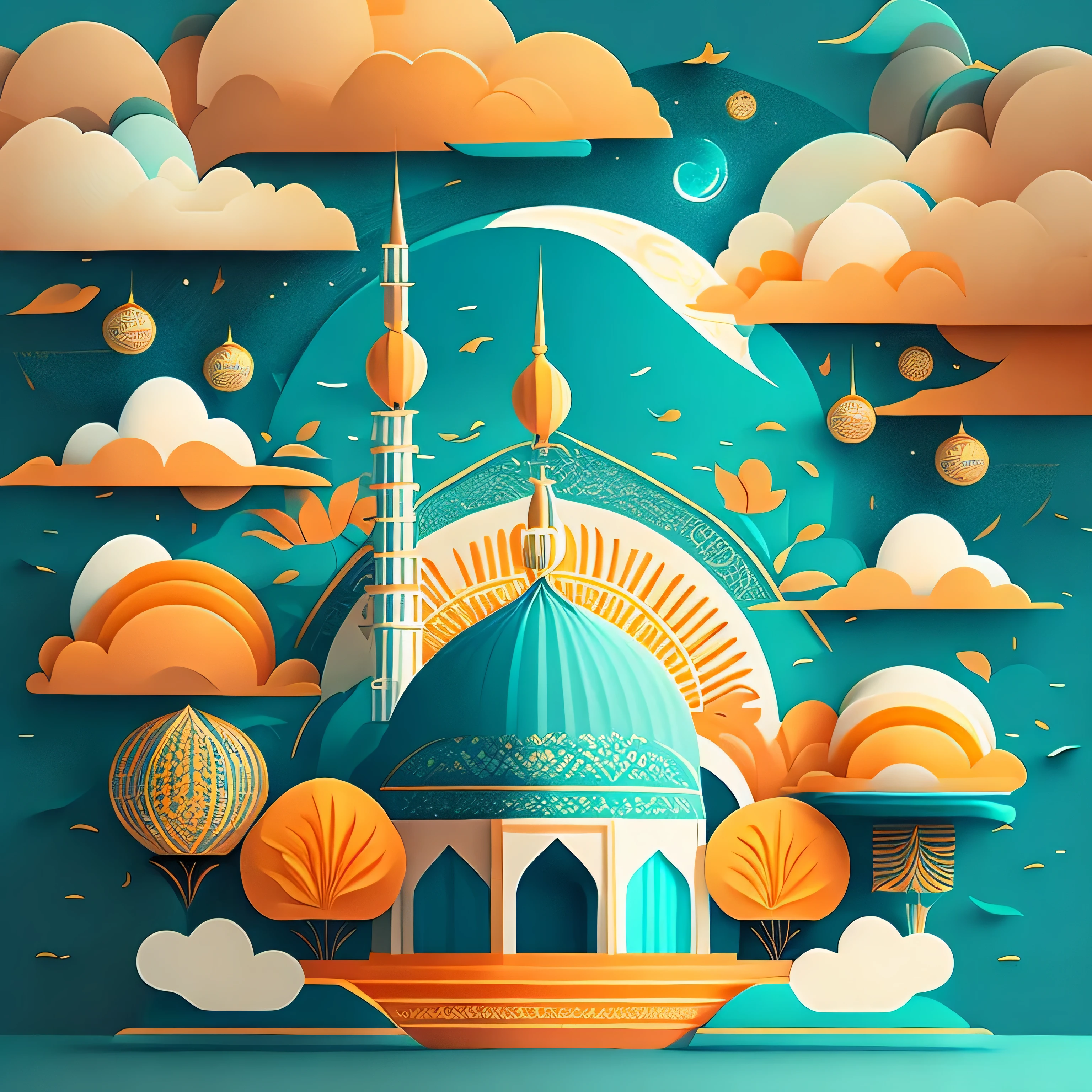 Art commercial illustration,modern mosque, islamic decoration around mosque, Mid-Autumn Festival themed poster。The background a scene of the moon, The center area of the picture centered and typeset, Clouds and details decoration,Poster design,vectorial art,Best quality,8K,teal orange tone, perfect object