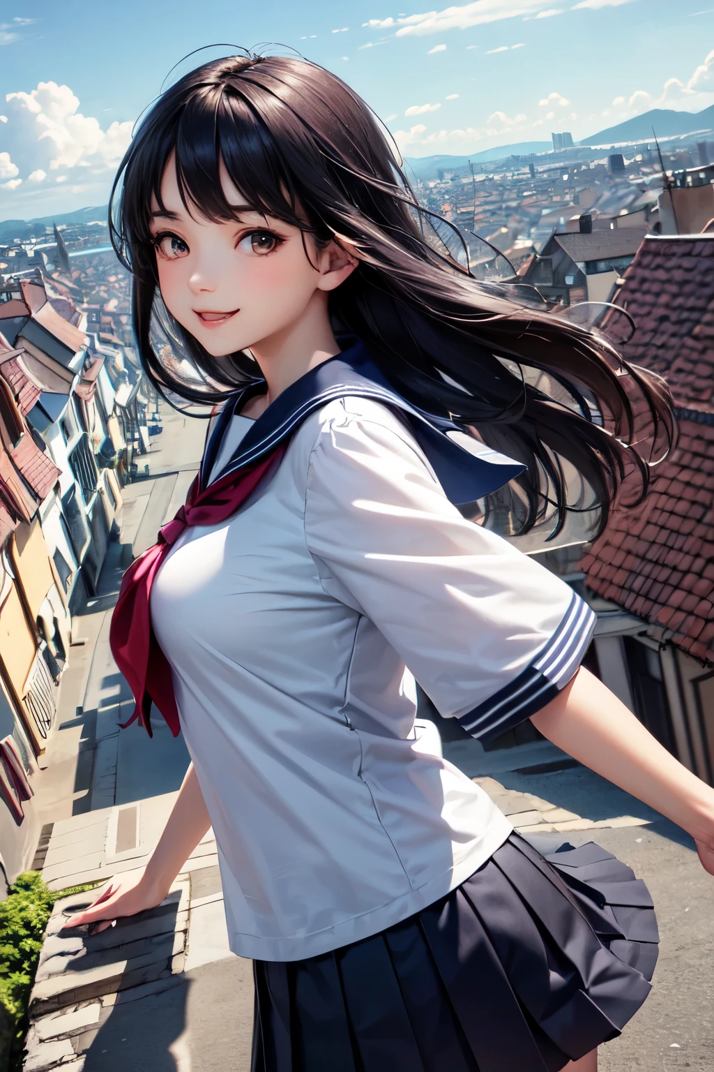 very cute and beautiful girl,teen,(highly detailed beautiful face),
(smile),black hair,(sailor ,pleated navy blue mini skirt),dynamic pose,looking at viewer,
many european houses with red roof,(town overview:1.2),
(best quality,masterpiece:1.0),absurdres,highres,ultra-detailed,extremely detailed,32k,8k resolution,
intricate details,cinematic scene,detailed background,solo,dynamic angle,
solo,hair fluttering in the wind,beautiful detailed sky,