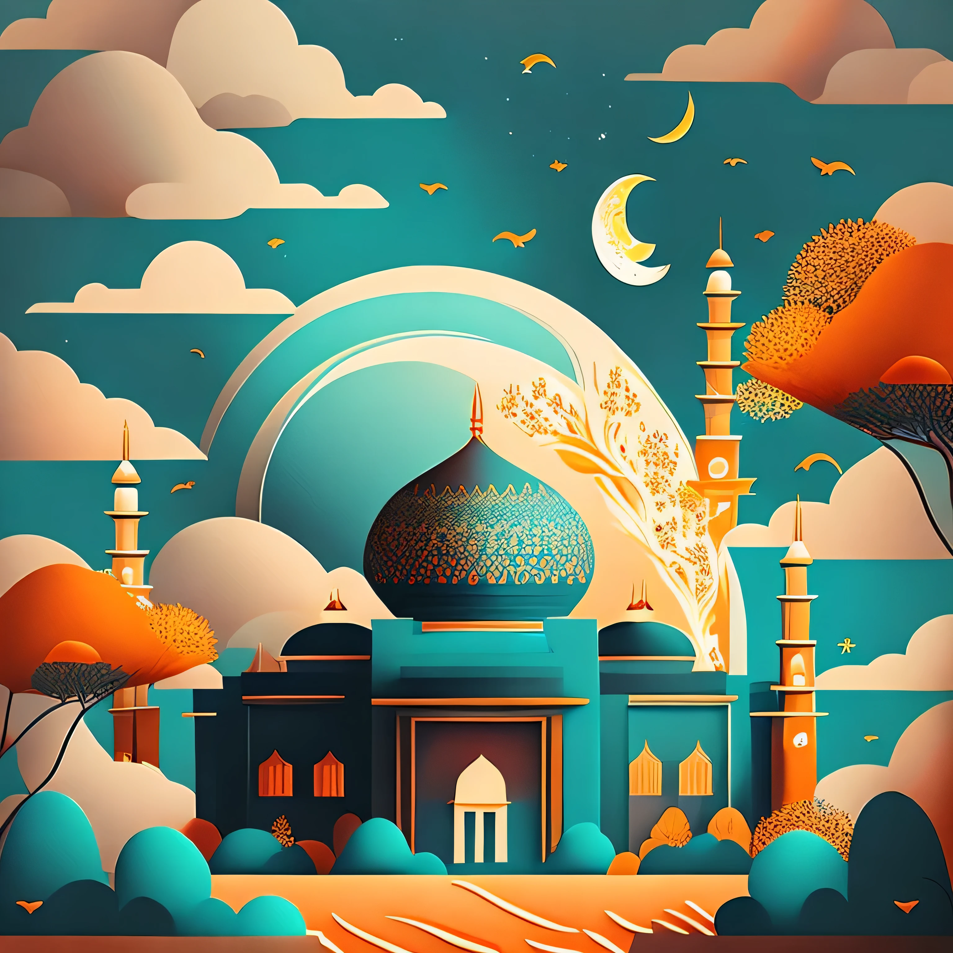 Art commercial illustration，modern mosque, islamic decoration around mosque, Mid-Autumn Festival themed poster。The background  a scene of the moon, The center area of the picture  centered and typeset, Clouds and details decoration，Poster design，vectorial art，Best quality，8K，teal orange tone, perfect object