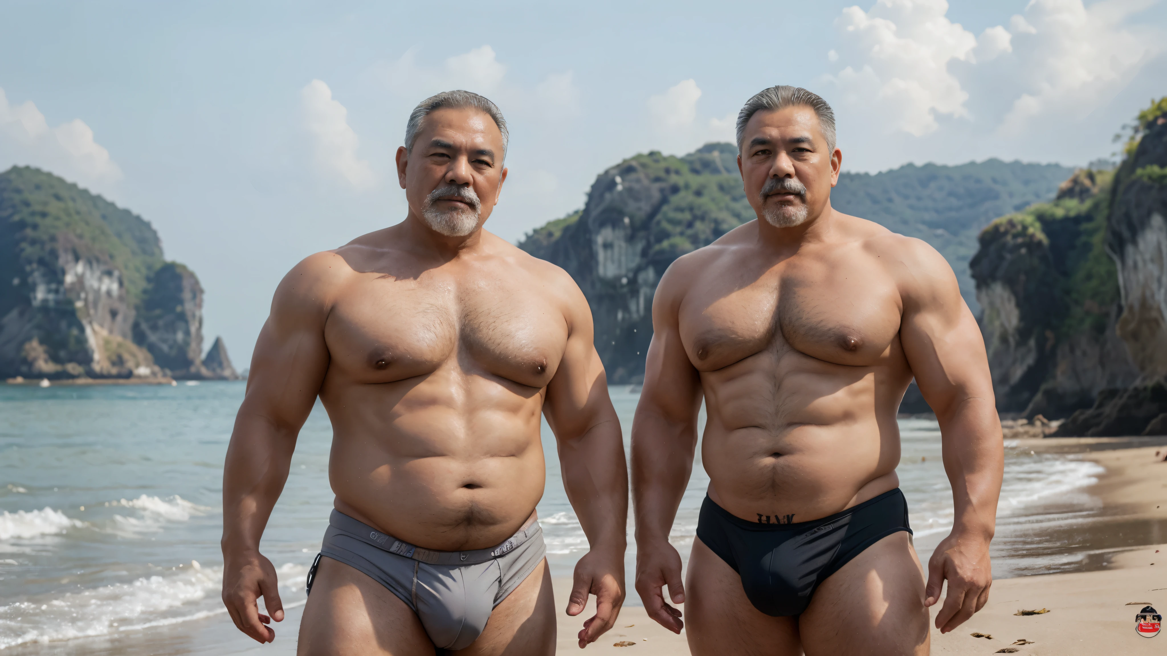 2 vietnamese grandfathers with gray hair, mature face, a thick mustache, a short chin beard, bear body, wearing a massive bulging gray jockstraps standing at the beach, have belly, big muscular chest, a sexy pose.