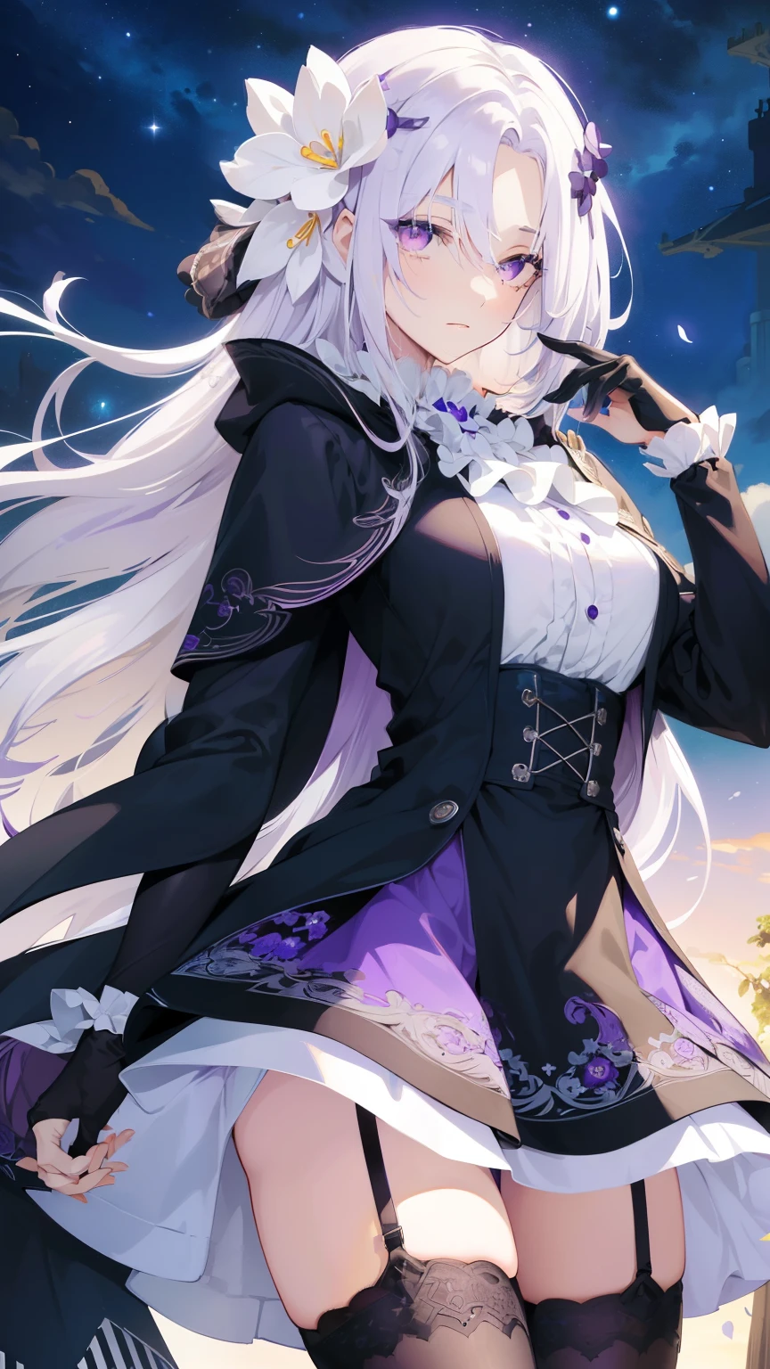 (best quality:1.3), (masterpiece:1.3), (illustration:1.3), (ultra-detailed:1.3), 1girl, (((large breasts))), ((((purple eyes))), (((white hair))), hair ornaments, tall, mature, long hair, upper body, black suit, ascot, cloak, long sleeves, skirt, dressaug, hair between eyes, purple flowers, looking at viewer, hair ornament, night sky, glowing purple flowers, french braids, nice hands, perfect hands, garter straps, stockings,