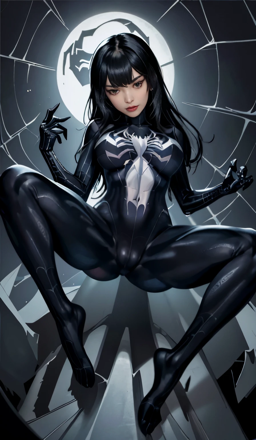 4K，realisticlying，Glamorous，charming，The very detailed，There a girl in Dingcheng，Wearing a black Spider-Man costume（Spider-Man Venom Black Suit），（Black and white：1.4） the night,symbiote，venomize，poison，a large amount of mucus,she a spiderman，she a spider gwen ,Black superhero theme，In front of the sky，Flushed complexion，( Open legs， camel-toe，， Vulvar shape：1.3）,(GGCameltoe:1.3)Legs apart，25 years old，full bodyesbian，Full body female love