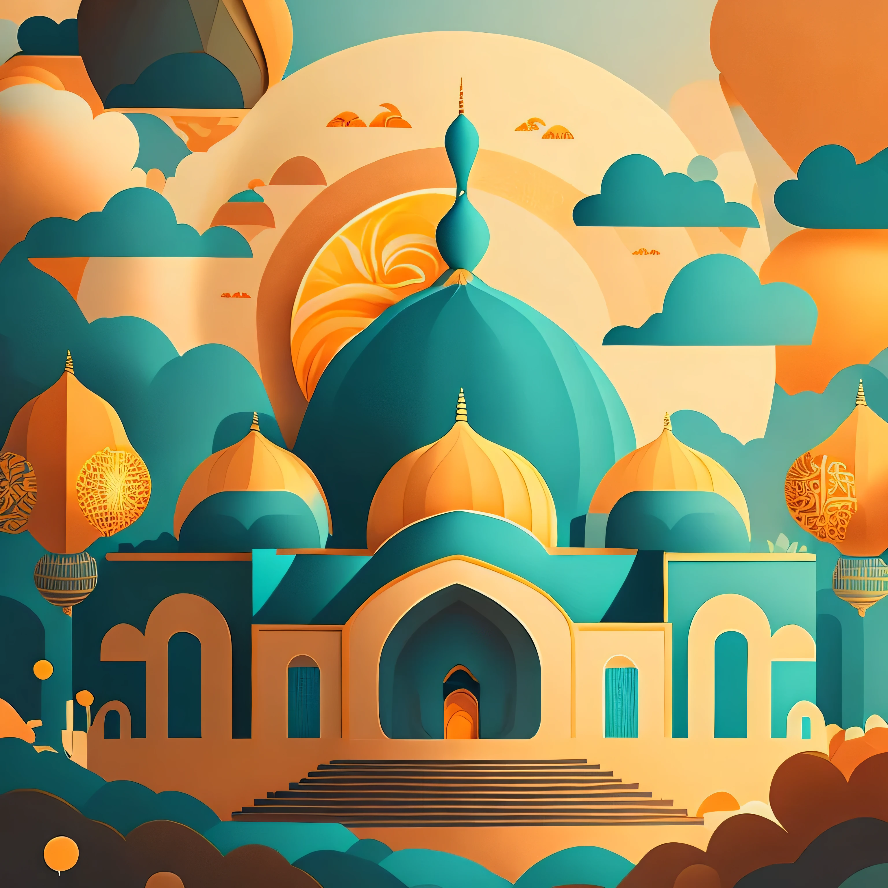 Art commercial illustration,modern mosque, islamic decoration around mosque, Mid-Autumn Festival themed poster。The background a scene of the moon, The center area of the picture centered and typeset, Clouds and details decoration,Poster design,vectorial art,Best quality,8K,teal orange tone, perfect object, with text "Ramadhan Mubarak".