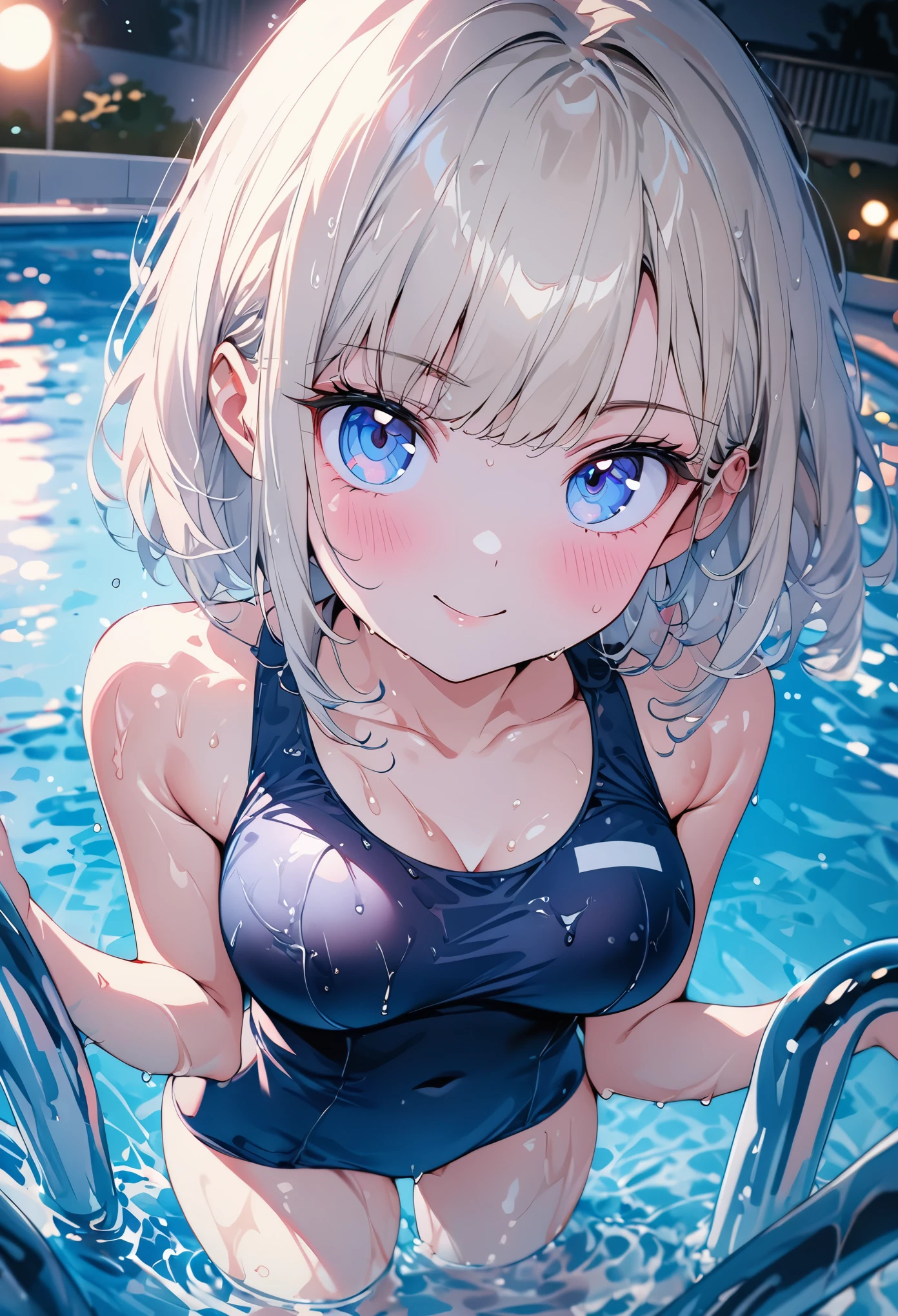 (masterpiece:1.3), (8K、best quality:1.3), Highest image quality, intricate details, high resolution, depth field, Natural light, professional lighting, (1 girl), (solo), gravure, (very beautiful girl from norway), (very beautiful:1.3), (very cute face:1.3), (Beautiful face with perfect symmetry), (high detail skin: 1.2), Rendering of anime girls, Beautiful platinum blonde hair bob cut, hair is messy, intense blue eyes, strong eye highlights, (detailed and natural breasts), perfect anatomy, very beautiful 14 year old girl cartoon, wonderful smile, cheeks are red, old style school swimwear, navy blue school swimsuit, ((wet state)), ((from the front)), summer daytime outdoor pool, jumping in the pool, Angle from feet, volume lighting, soft light, bright, neon, Bright colors, watercolor painting, bright色, Create digital artwork in pop art style