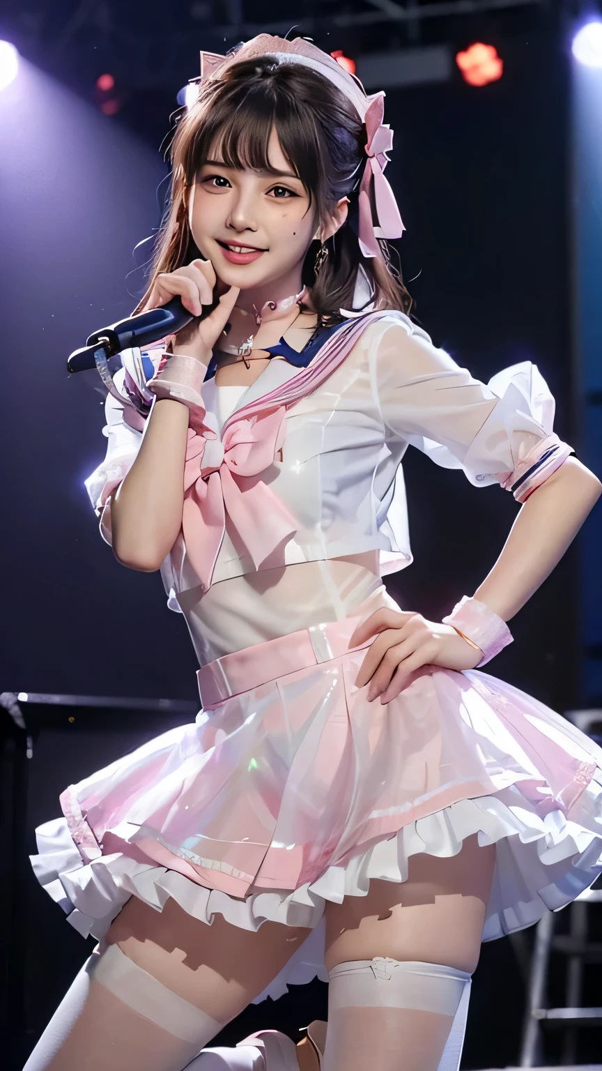 (Raw photo、highest quality)、(realistic、Photoreal:1.3)、highest quality、masterpiece、very delicate and beautiful、A hvery detailed、nffsw、sense of oneness、2k wallpaper、growing up、Beautiful in every detail、masterpiece、light smile、highest quality、Hvery detailed ticker Unity 8K wallpapers、huge file size、Super detailed、High resolution、very detailed、((Euphoric look))、((orgasm:1.2))、((smile:1.15))、((sweating:1.4))、((translucent:1.55、A sailor uniform-style body S suit with a beautiful silhouette and a collar that sticks to your skin...:1.6))、Pink and orange、ribbon、sailor hat、double ruffle garter、super cute girl、10th generation、Part of an idol group、(((Concert「ザ☆ピ〜s!」dancing)))、(spread your legs wide), (Pull your hips back), (Arch the upper body), and place your left hand on your hip.、Right hand salutes with two fingers、Hair is moving、Concert lighting sets the mood、spotlight of、professional lighting、cinematic light、three dimensional、viewer'perspective、