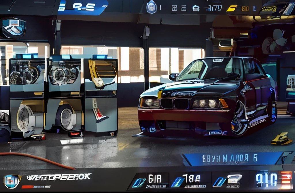 a close up of a car in a garage with a lot of different parts, car trading game, need for speed, realistic cars, some glints and specs, insanely fine detail, on realistic hud, gameplay screenshot with ui, incredible screenshot, ingame image, bmw e30, bmw e 3 0, epic level of detail, 8k no blur