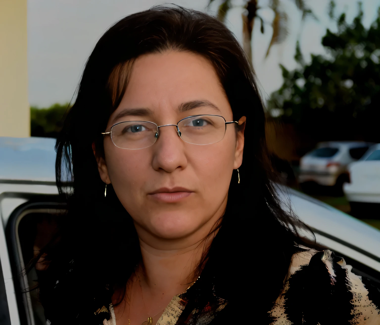 woman in glasses looking at camera in front of car with palm trees, front portrait, woman in good physical shape, high resolution, high quality, 8k