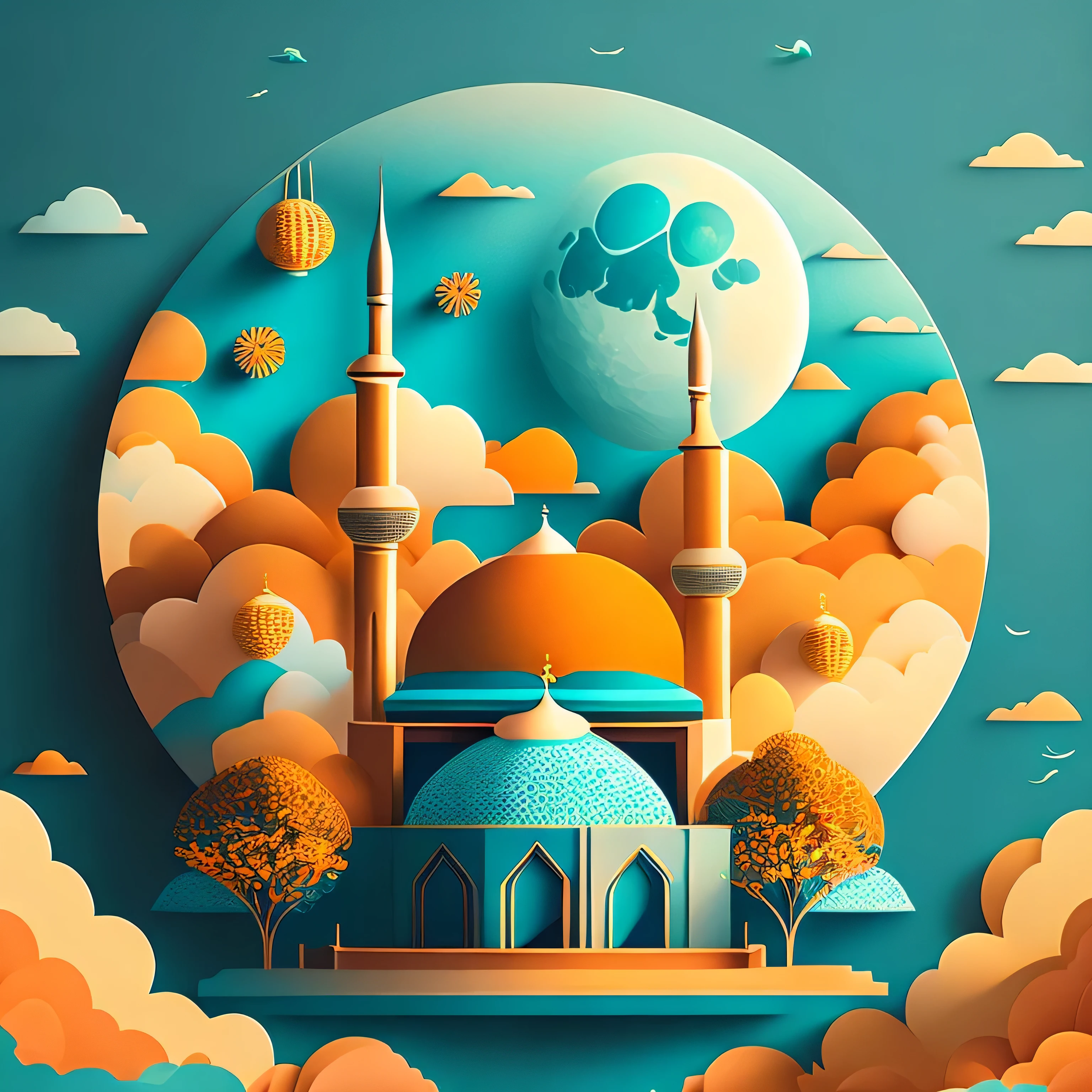 Art commercial illustration,modern mosque, islamic decoration around mosque, Mid-Autumn Festival themed poster。The background a scene of the moon, The center area of the picture centered and typeset, Clouds and details decoration,Poster design,vectorial art,Best quality,8K,teal orange tone, perfect object, with text "Ramadhan Mubarak".