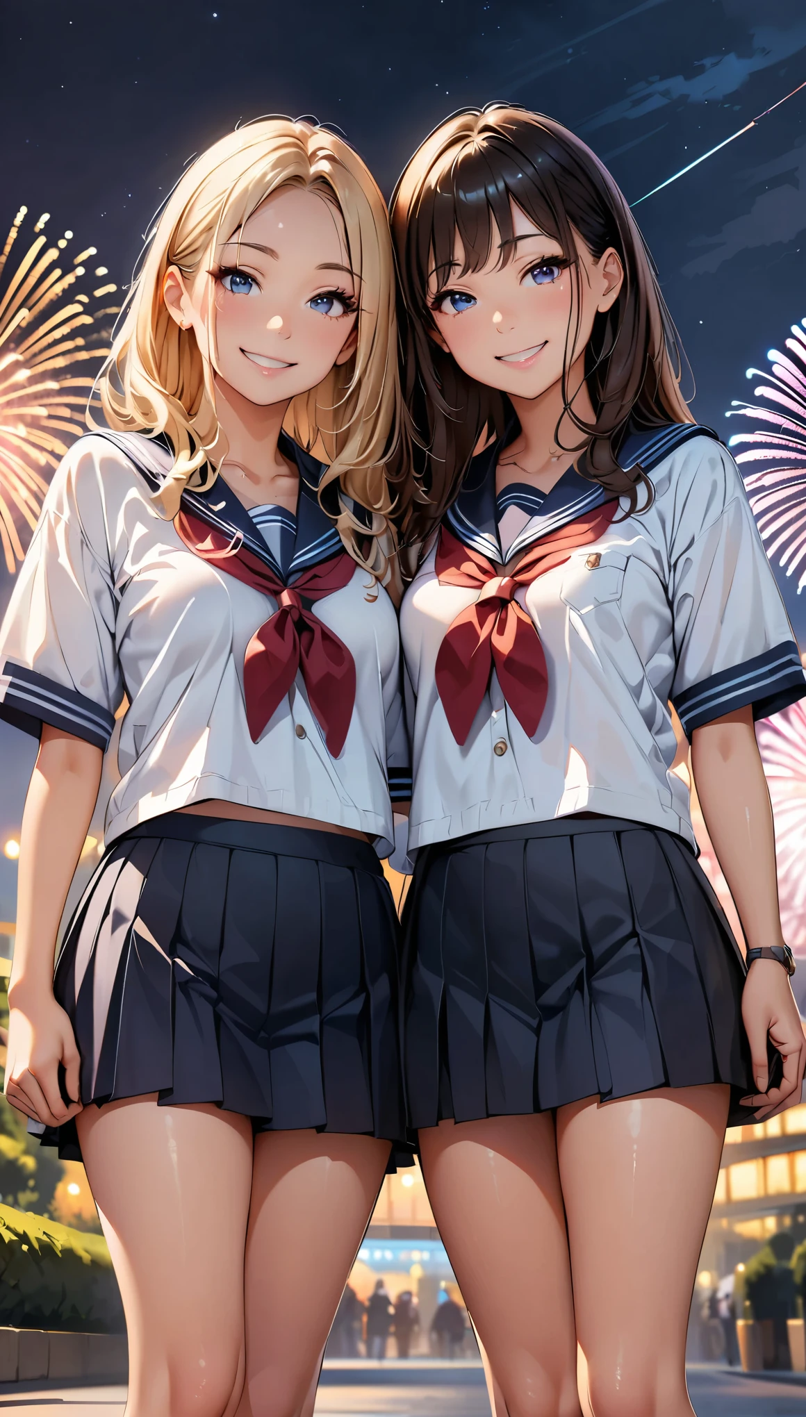 (highest quality, 4k, 8k, High resolution, masterpiece:1.2), Super detailed, (real, photorealistic:1.37), (Theme park scenery), two women, (Super detailedな顔, lip details, detailed eyes), double eyelid, (17 years old, sailor suit, blue pleated skirt, mini skirt), Photographed in front of the castle, ((smile, Low angle shooting:1.2)), night time, Large fireworks, professional lighting, photon mapping, Physically based rendering, shiny skin, (perfect fingers, five fingers, anatomically correct), background bokeh, 135㎜, f/2.8, photo shoot,