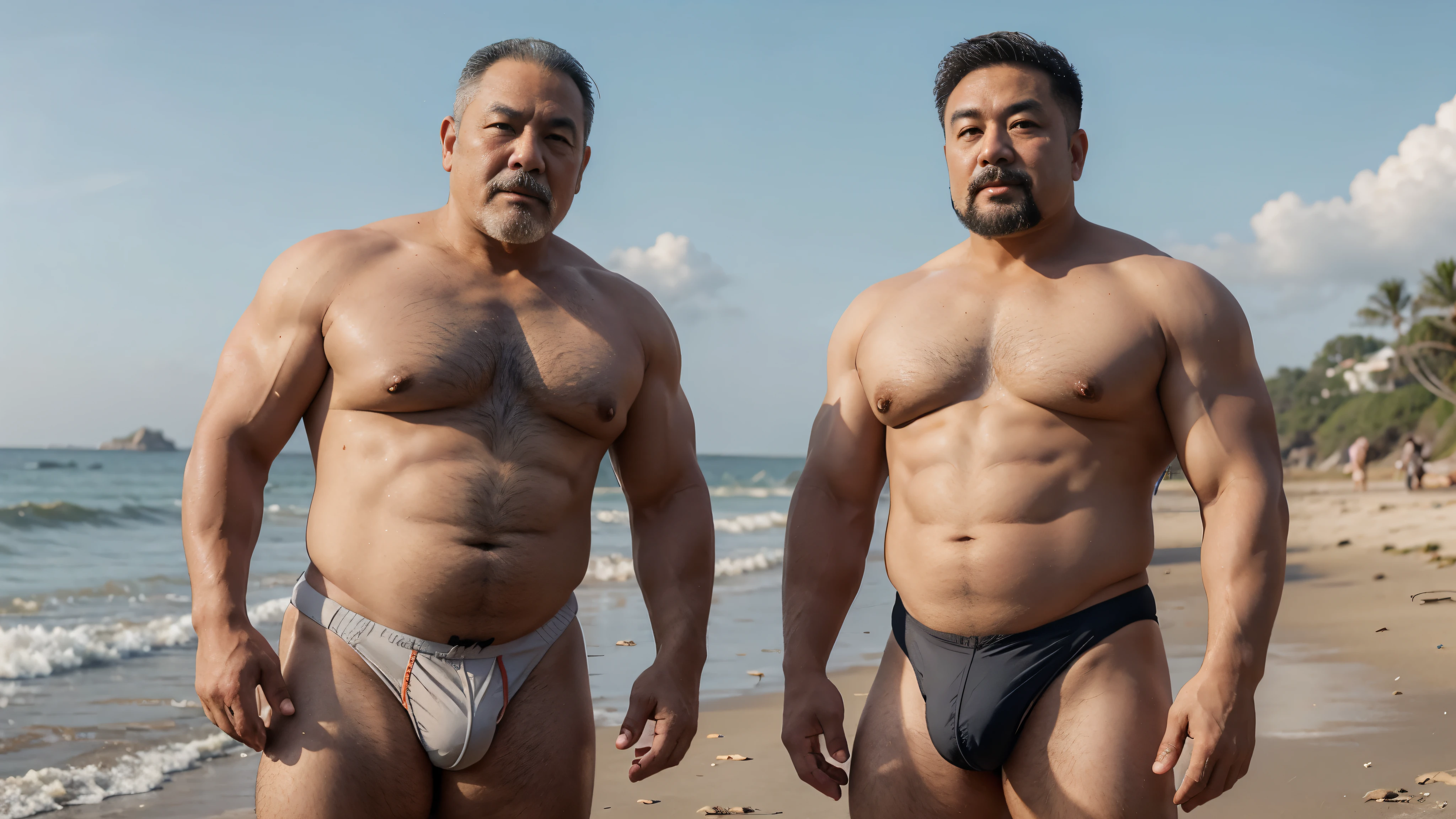 2 vietnamese grandfathers with gray hair, mature face, a thick mustache, a short chin beard, bear body, wearing a massive bulging gray jockstraps standing at the beach, have belly, big muscular chest, a sexy pose.