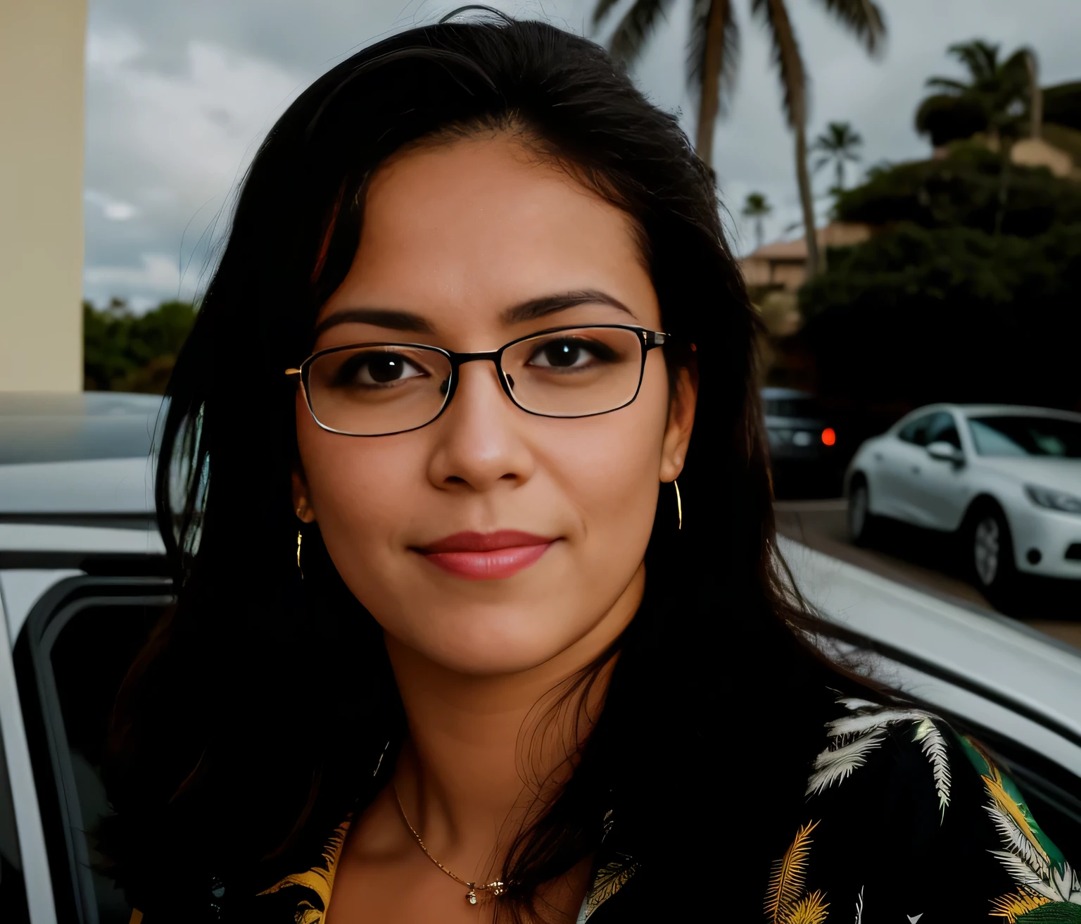 woman in glasses looking at camera in front of car with palm trees, front portrait, woman in good physical shape, high resolution, high quality, 8k