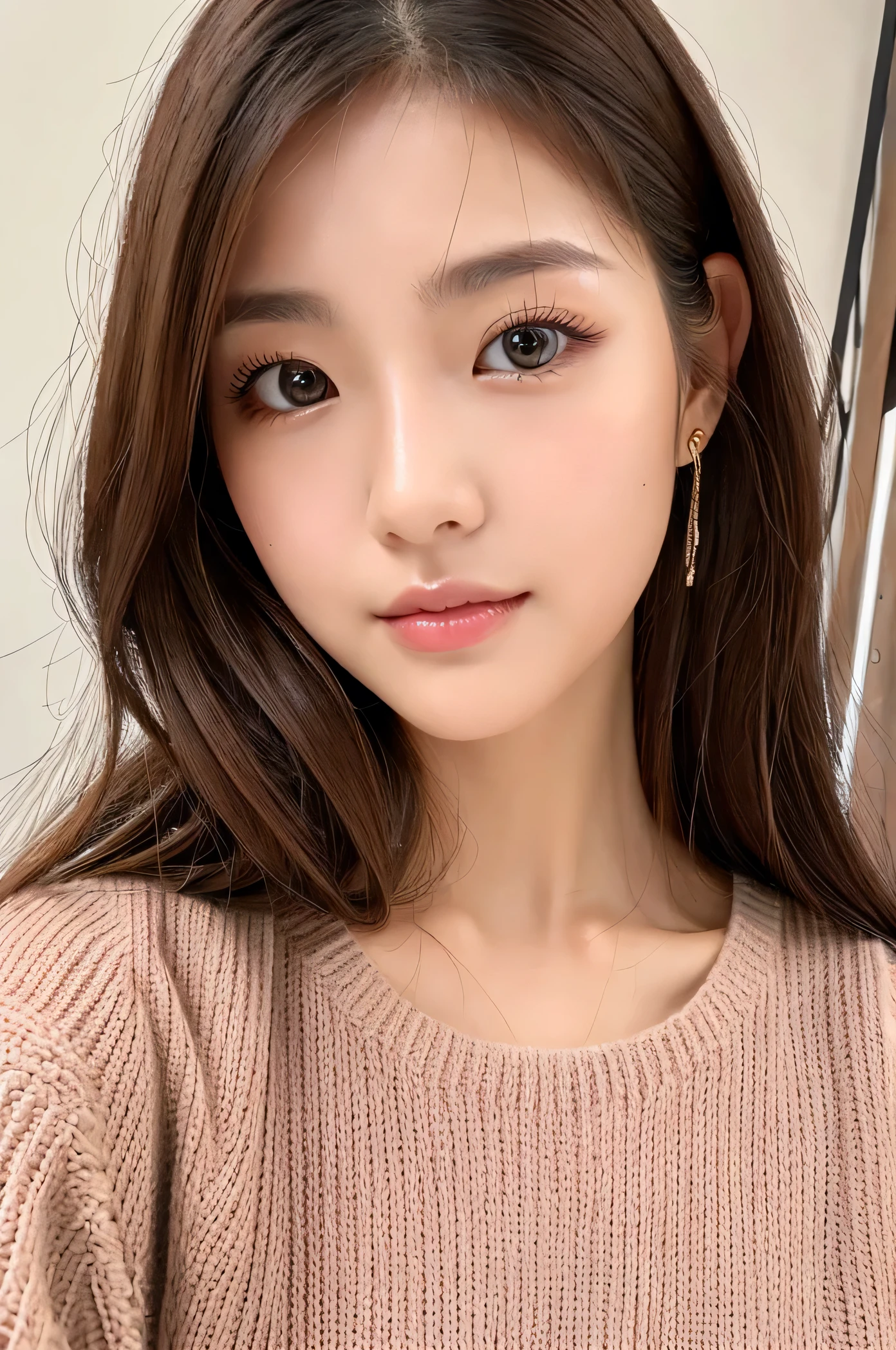 woman、super detailed face、double eyelid, medium hair、No bangs、beautiful hair、clear eyes、knit sweater、Glossy skin, small head、whole body