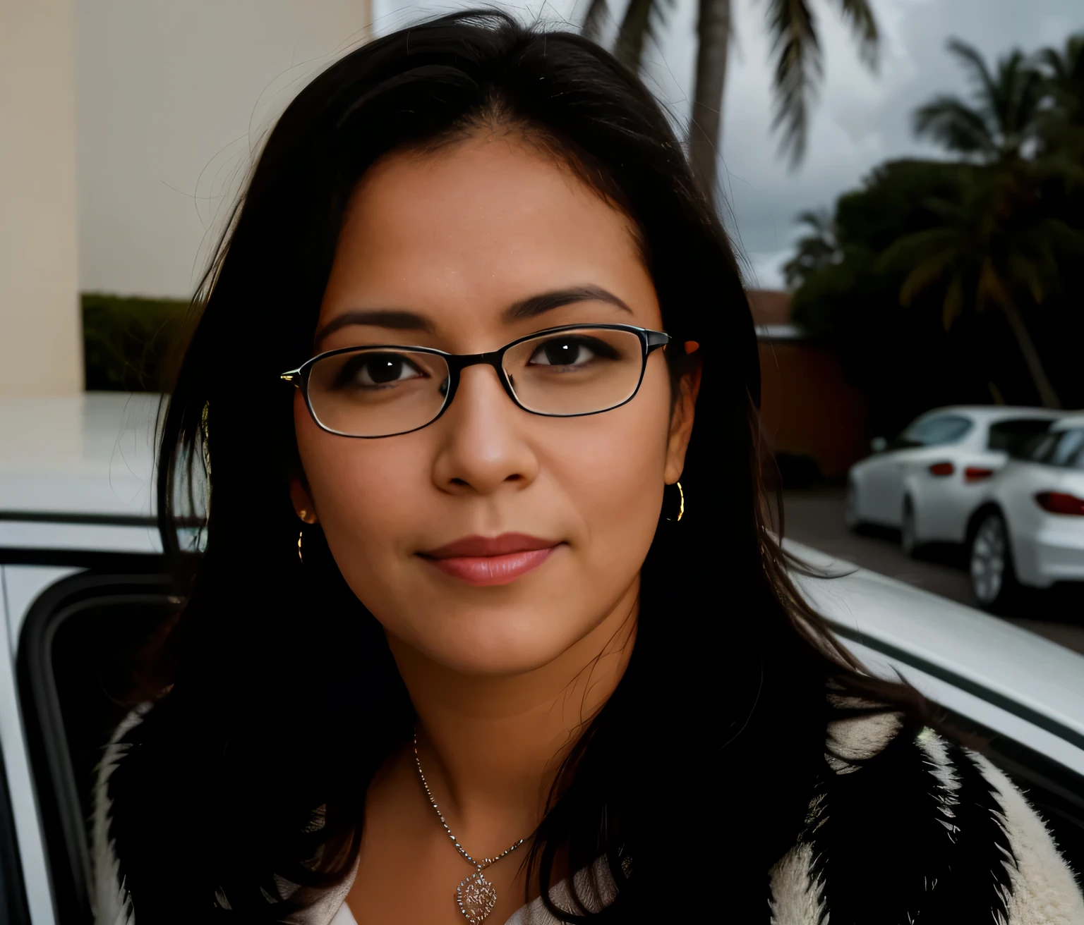 woman in glasses looking at camera in front of car with palm trees, front portrait, woman in good physical shape, high resolution, high quality, 8k