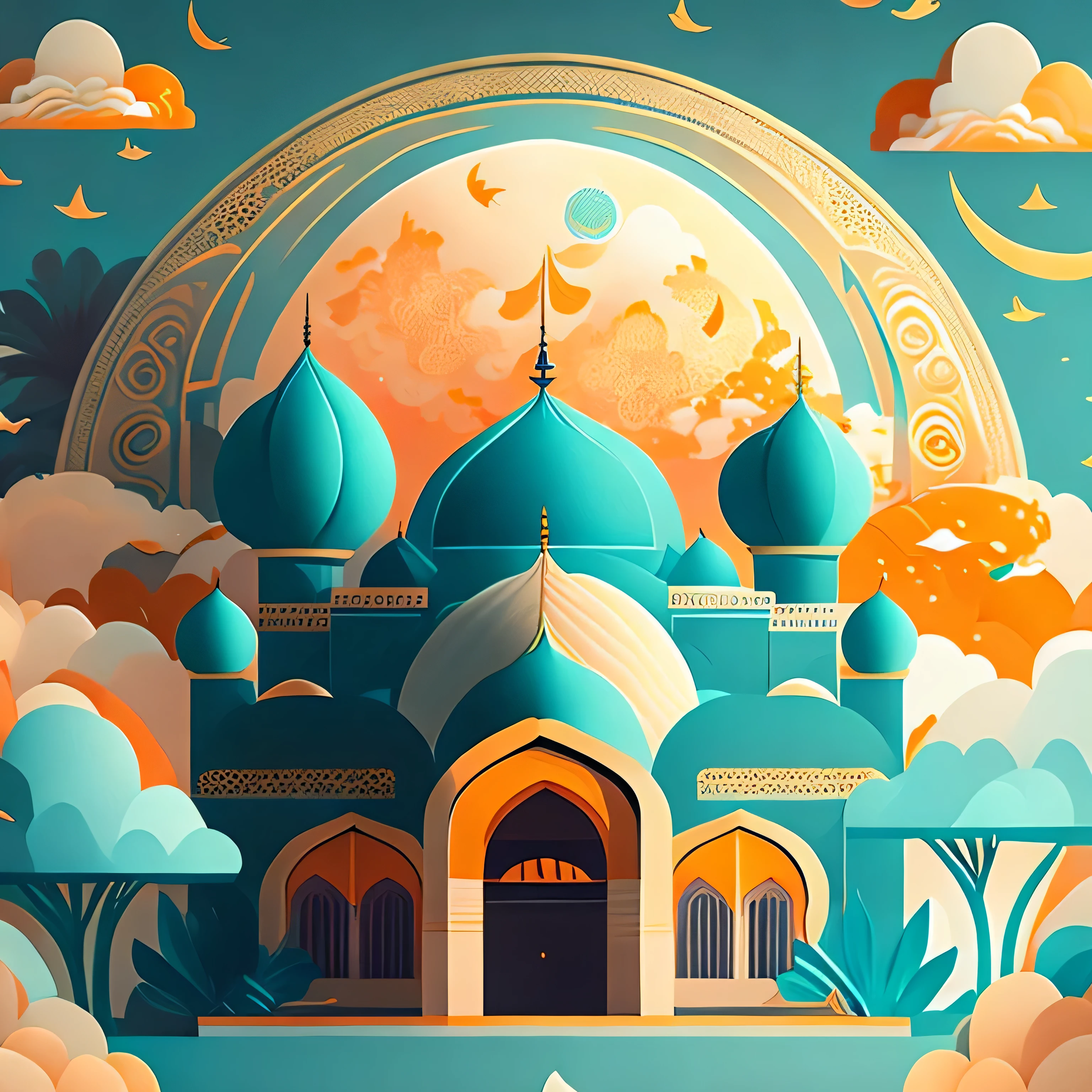 Art commercial illustration，modern mosque, islamic decoration around mosque, Mid-Autumn Festival themed poster。The background  a scene of the moon, The center area of the picture  centered and typeset, Clouds and details decoration，Poster design，vectorial art，Best quality，8K，teal orange tone, perfect object, with text "Ramadhan Mubarak".