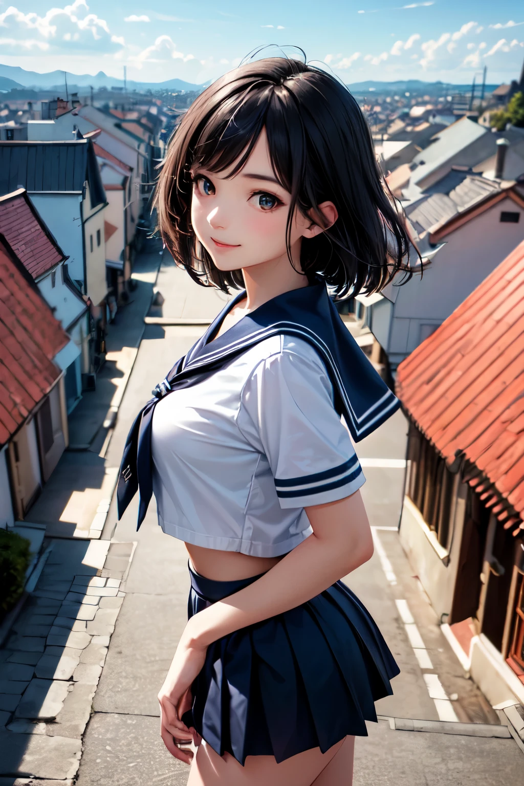 very cute and beautiful girl,teen,(highly detailed beautiful face and eyes:1.2),seifuku,smile,(navy blue pleated mini skirt),
cowboy shot,(skirt lift,white panties),dynamic angle,looking at viewer,
many european houses with red roof,(town overview:1.2),narrow river and stone bridge in distance,detailed landscape,
black hair,(best quality,masterpiece:1.2),intricate details,extremely detailed,8k resolution,solo,natural lighting,
hair fluttering in the wind,beautiful detailed sky,(realistic),