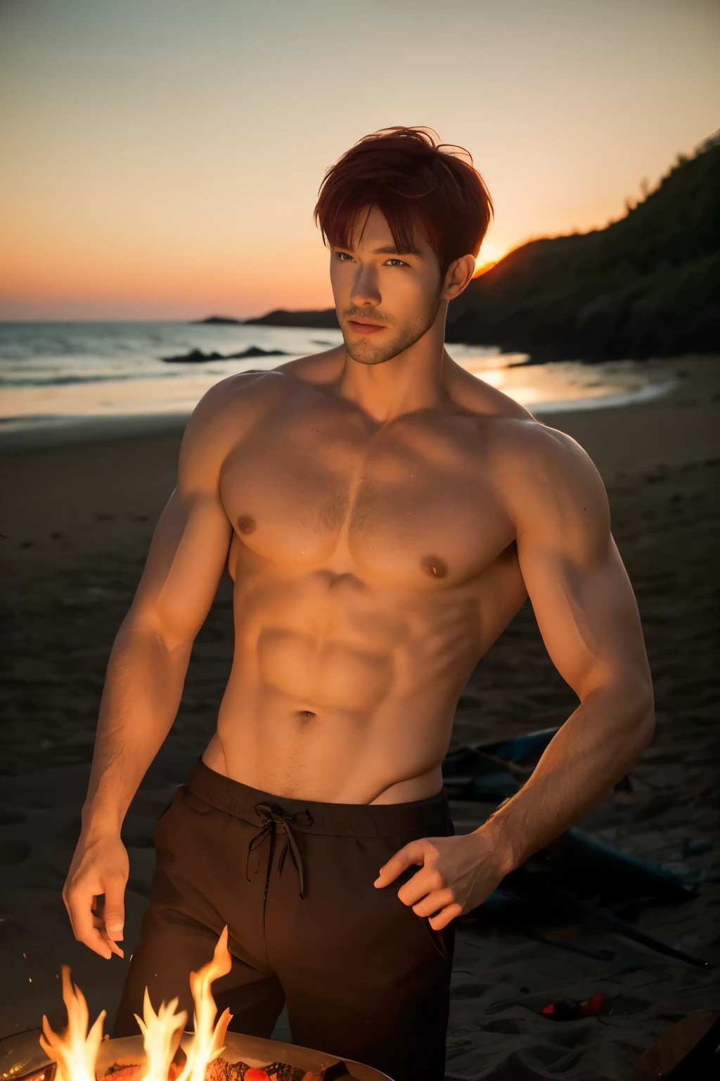 masterpiece, best quality, 1 man, red hair, red eyes, forked hair, short hair, long bangs, handsome, handsome, masculine, gentle, tall, quiet, abs. Upper body bare skin. Sunset beach. Bonfire. Camp. Survival. Shorts. Camping rice. Camping. Bonfire. Campfire. Grill the fish on the bonfire. Japanese.