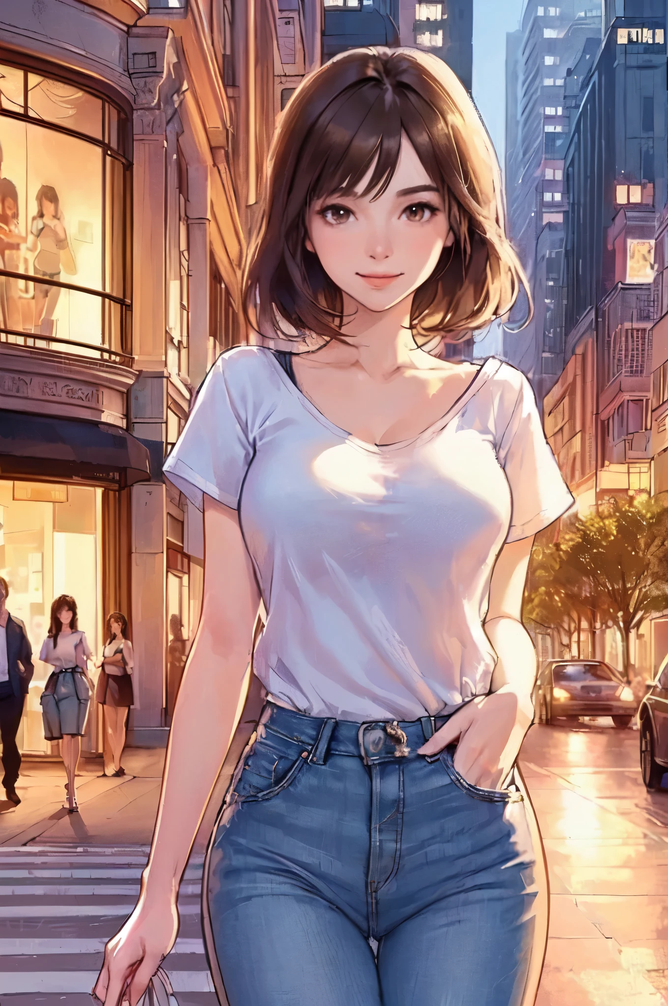 1lady solo, (strolling through city), (short white T-shirt:1.2) stylish (denim pants), mature female, /(brown hair/), kind smile, (masterpiece best quality:1.2) delicate illustration ultra-detailed, large breasts, (hand in pocket) BREAK (luxurious downtown street) outdoors, night, cityscape, detailed background