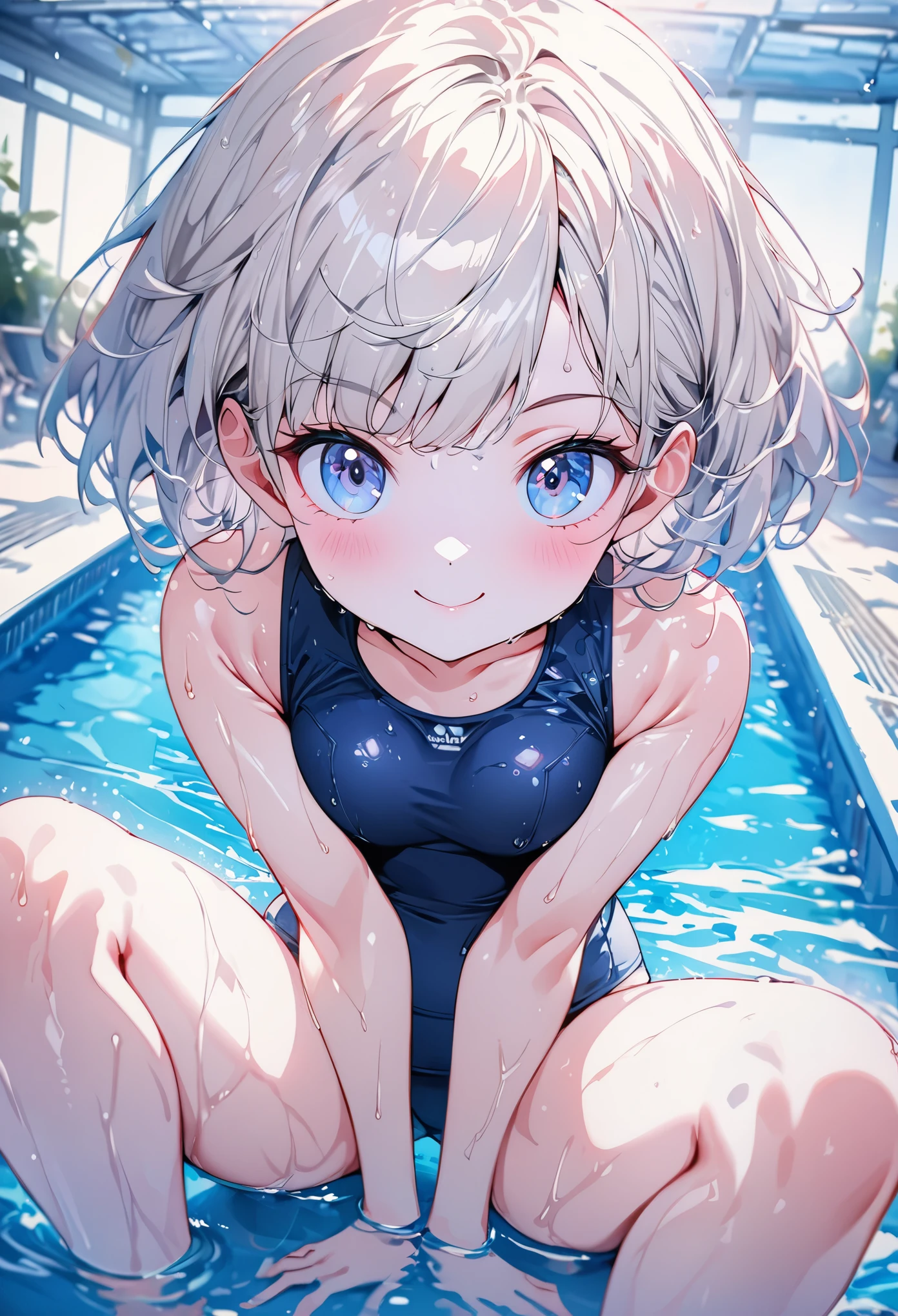 (masterpiece:1.3), (8K、best quality:1.3), Highest image quality, intricate details, high resolution, depth field, Natural light, professional lighting, (1 girl), (solo), gravure, (very beautiful girl from norway), (very beautiful:1.3), (very cute face:1.3), (Beautiful face with perfect symmetry), (high detail skin: 1.2), Rendering of anime girls, Beautiful platinum blonde hair bob cut, hair is messy, intense blue eyes, strong eye highlights, (detailed and natural breasts), perfect anatomy, very beautiful girl cartoon, wonderful smile, cheeks are red, old style school swimwear, navy blue school swimsuit, ((wet state)), ((from the front)), summer daytime outdoor pool, jumping in the pool, Angle from feet, volume lighting, soft light, bright, neon, Bright colors, watercolor painting, bright色, Create digital artwork in pop art style