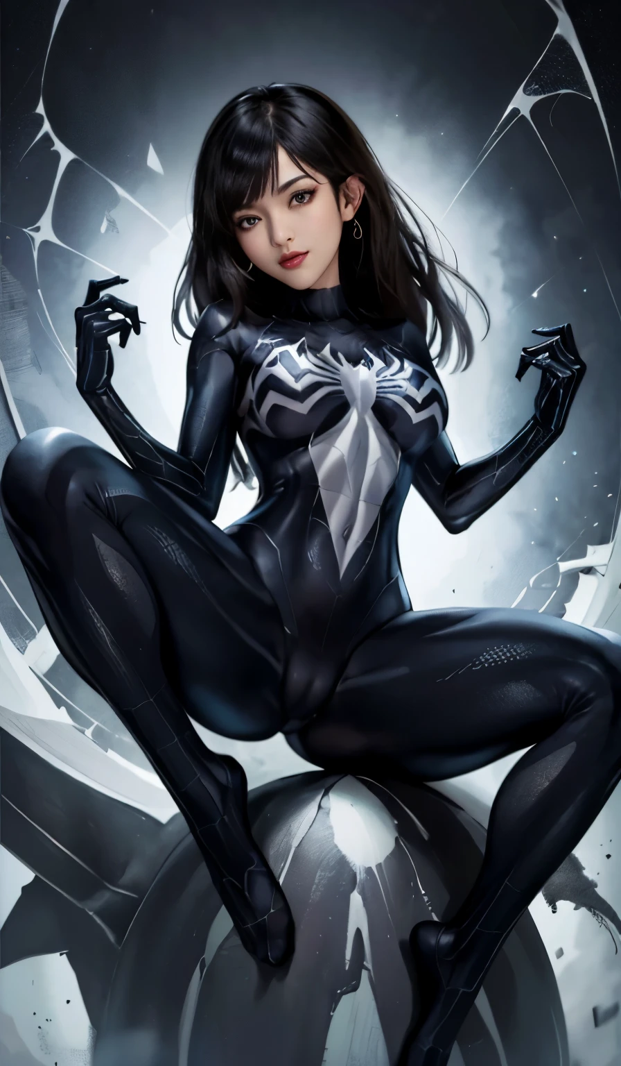 4K，realisticlying，Glamorous，charming，The very detailed，There a girl in Dingcheng，Wearing a black Spider-Man costume（Spider-Man Venom Black Suit），（Black and white：1.4） the night,symbiote，venomize，poison，a large amount of mucus,she a spiderman，she a spider gwen ,Black superhero theme，In front of the sky，Flushed complexion，( Open legs， camel-toe，， Vulvar shape：1.3）,(GGCameltoe:1.3)Legs apart，25 years old，full bodyesbian，Full body female love