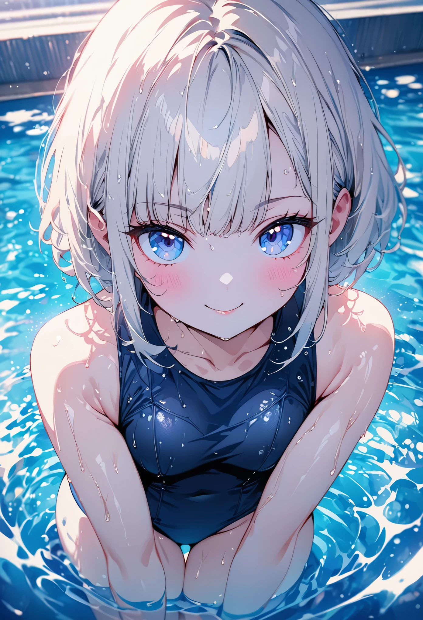 (masterpiece:1.3), (8K、best quality:1.3), Highest image quality, intricate details, high resolution, depth field, Natural light, professional lighting, (1 girl), (solo), gravure, (very beautiful girl from norway), (very beautiful:1.3), (very cute face:1.3), (Beautiful face with perfect symmetry), (high detail skin: 1.2), Rendering of anime girls, Beautiful platinum blonde hair bob cut, hair is messy, intense blue eyes, strong eye highlights, (detailed and natural breasts), perfect anatomy, very beautiful 14 year old girl cartoon, wonderful smile, cheeks are red, old style school swimwear, navy blue school swimsuit, ((wet state)), ((from the front)), summer daytime outdoor pool, jumping in the pool, Angle from feet, volume lighting, soft light, bright, neon, Bright colors, watercolor painting, bright色, Create digital artwork in pop art style