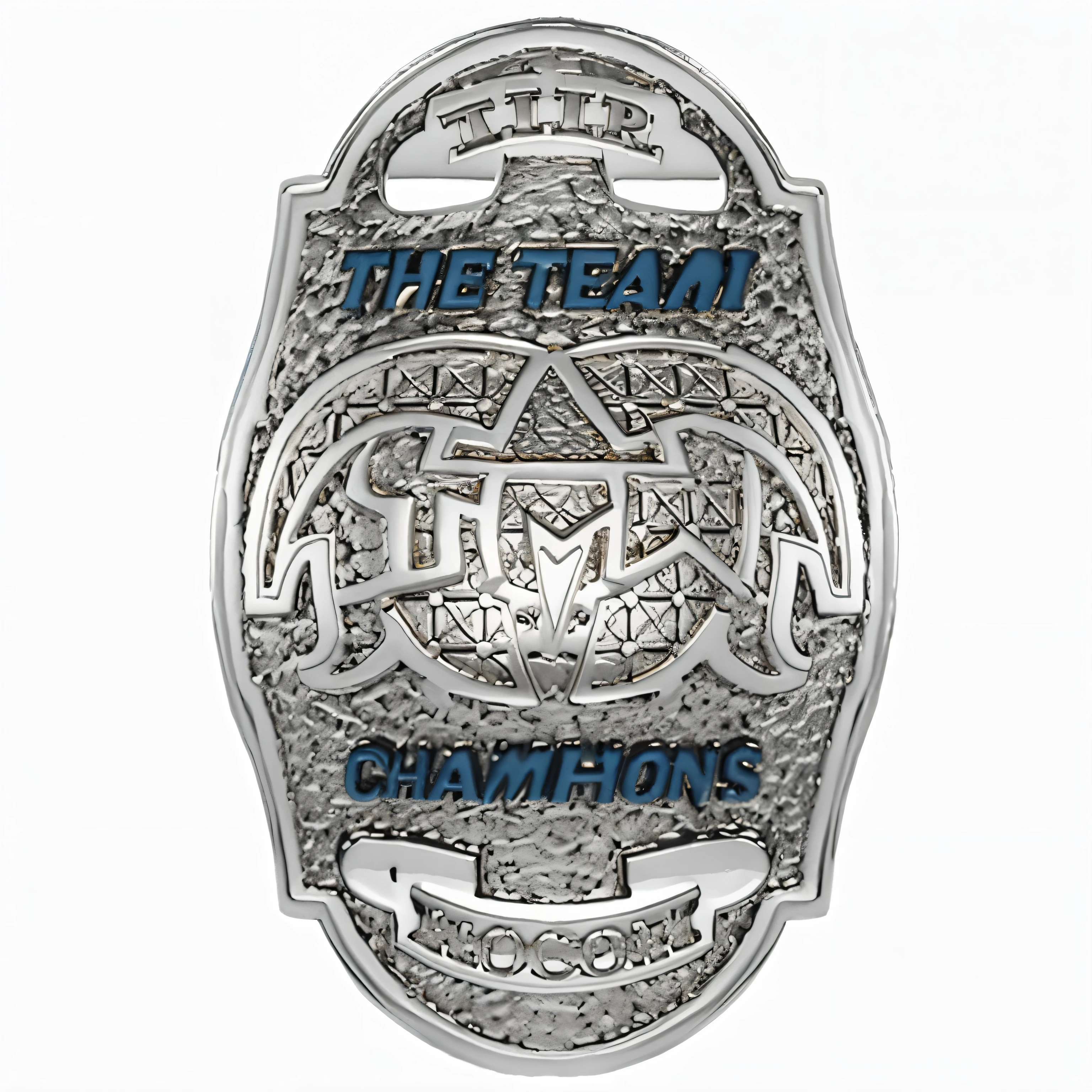 a close up of a realistic gold pro wrestling title face plate "tag team champions in blue letters", 2k, 2 k, shield design, titan, medallion, realistic gold metal, full view, professional unique master piece, top view