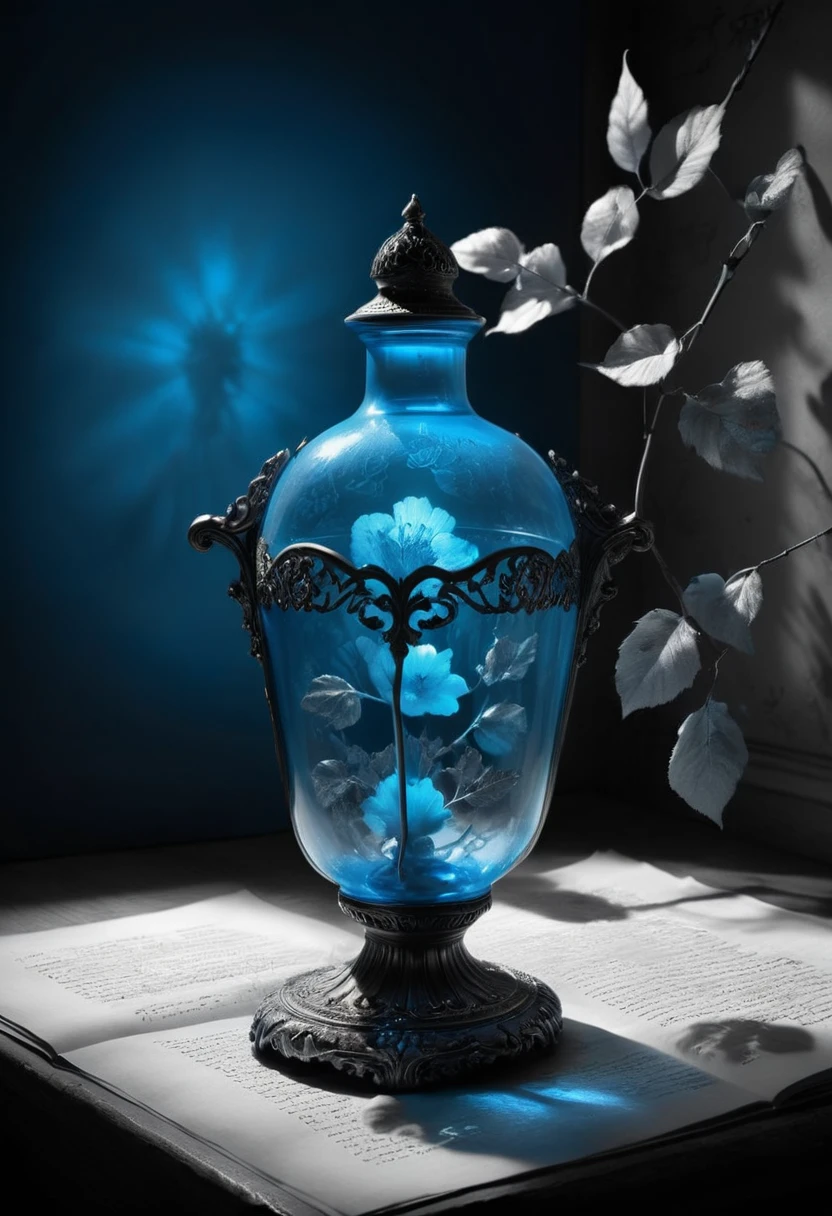 Capture the ethereal light and shadow in a stunning photograph with selective color details, revealing the hidden poetry of everyday objects, blue glowing foreground, (best quality, masterpiece, perfect composition, very aesthetic, ultra-detailed, intricate details:1.3)