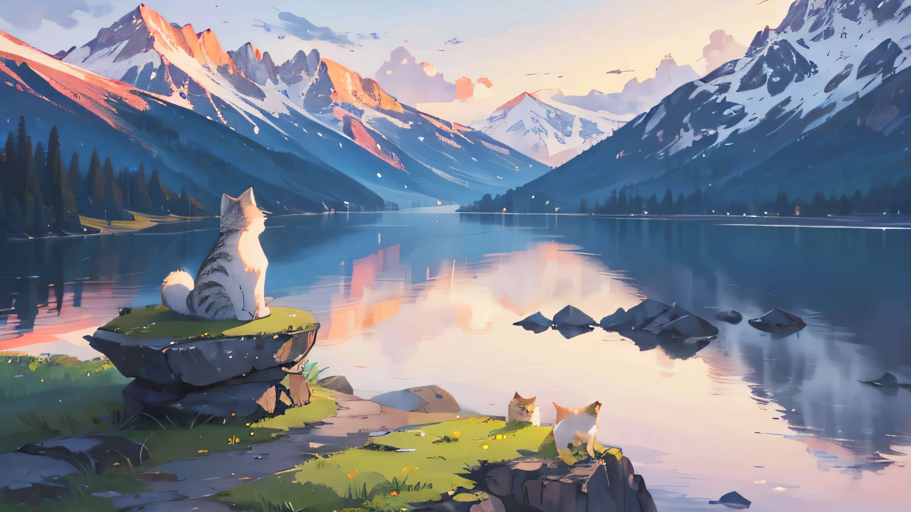 A serene mountain landscape with a vibrant sunrise over a calm lake, and a fluffy cat perched on a rocky outcrop, observing the tranquil scene