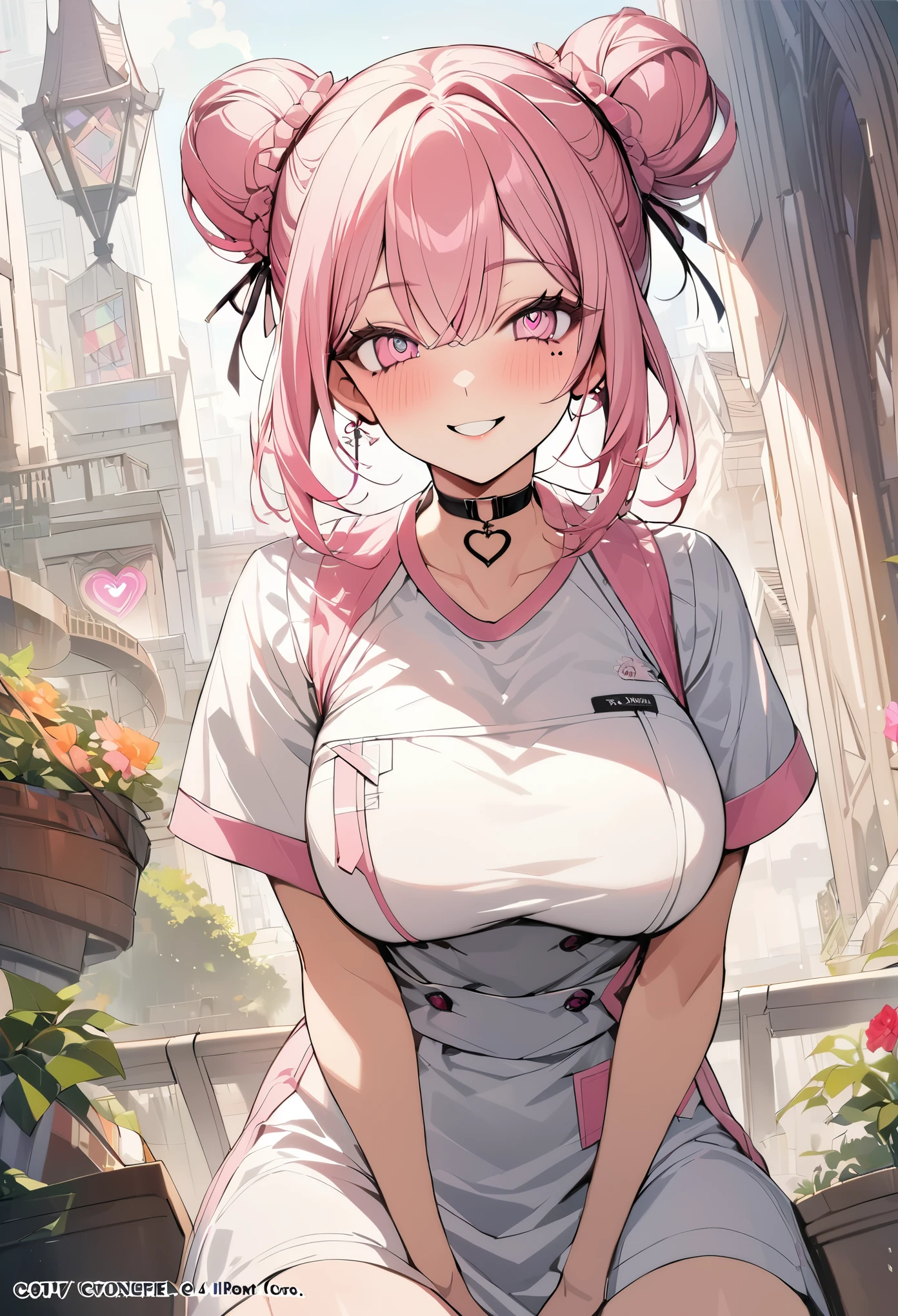 1 girl, pink long bun hair, heart shaped eyes, ♡, big breasts, nurse uniform, {girl with pink long bun hair named Nami}, (Pink eye color), {downtown}, (smile), bright background , mole under eye, heart shaped choker, (masterpiece, highest quality), very detailed, highest quality, official art, beautiful and aesthetic: 1.2), (1 girl), very detailed, (geometry art: 1.3), colorful, most detailed ?d1 girl, pink long bun hair, Eye of the symbol, +__+, big breasts, gothic costume, {A girl with long pink bun hair named Nami}, (Pink eye color), {downtown}, (smile), bright background, (garden,beautiful flower々),mole under eye, heart shaped choker, (masterpiece, highest quality), official art, beautiful and aesthetic: 1.2), (1 girl), very detailed, (geometry art: 1.3), colorful