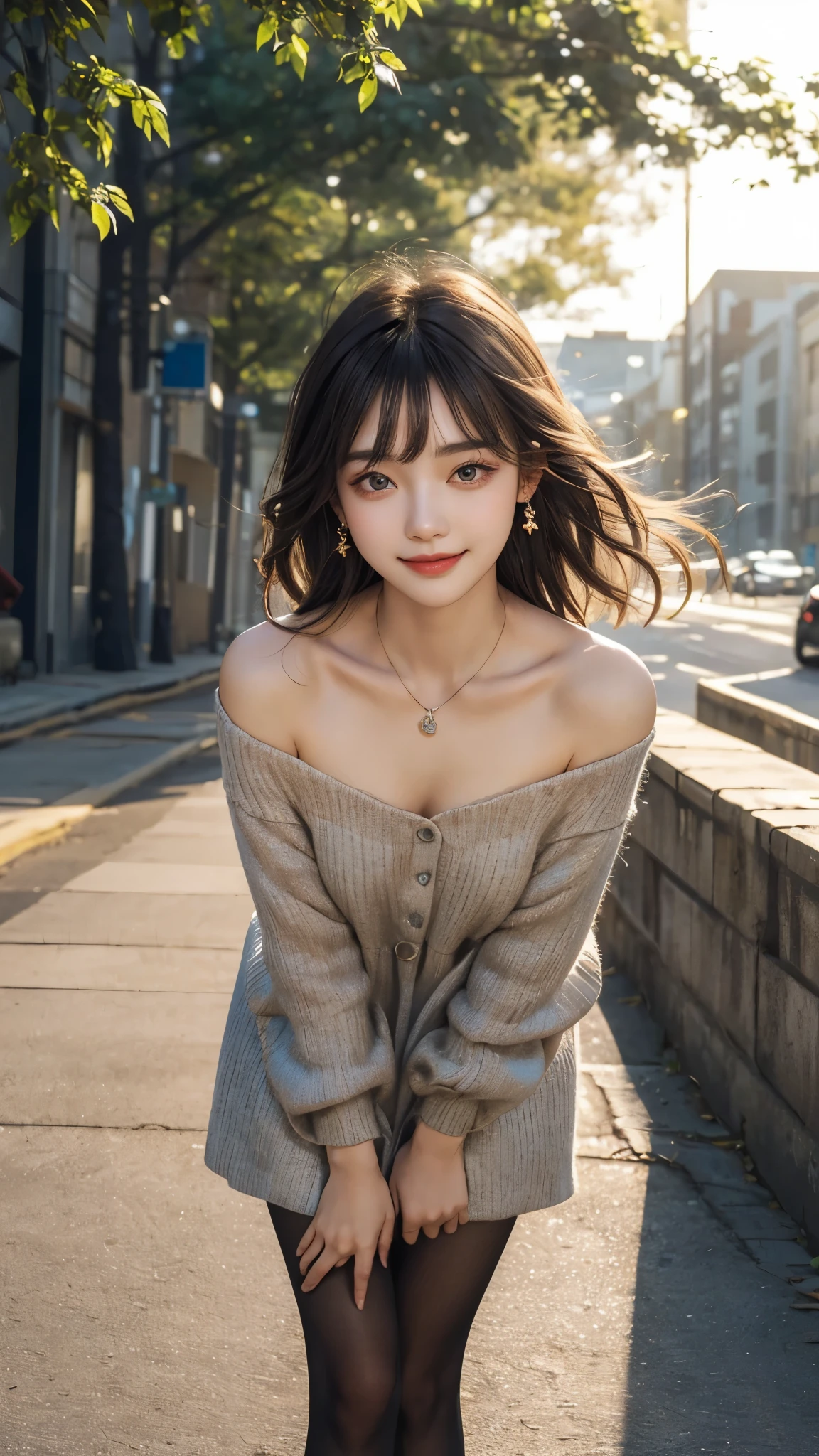 1 girl, very bright backlight, alone, {beautiful and detailed eyes}, big breasts, dazzling, calm expression, natural soft light, hair blowing in the wind, delicate features, dull bangs, beautiful korean girl, with a smile in your eyes, very small earrings, (彼女はグレーのボディコンミニdressを着ています,off shoulder_dress,black pantyhose:1.3),necklace,,23 years old, film grain, real hand,shy smile,Photographed from above the knees,sexy pose