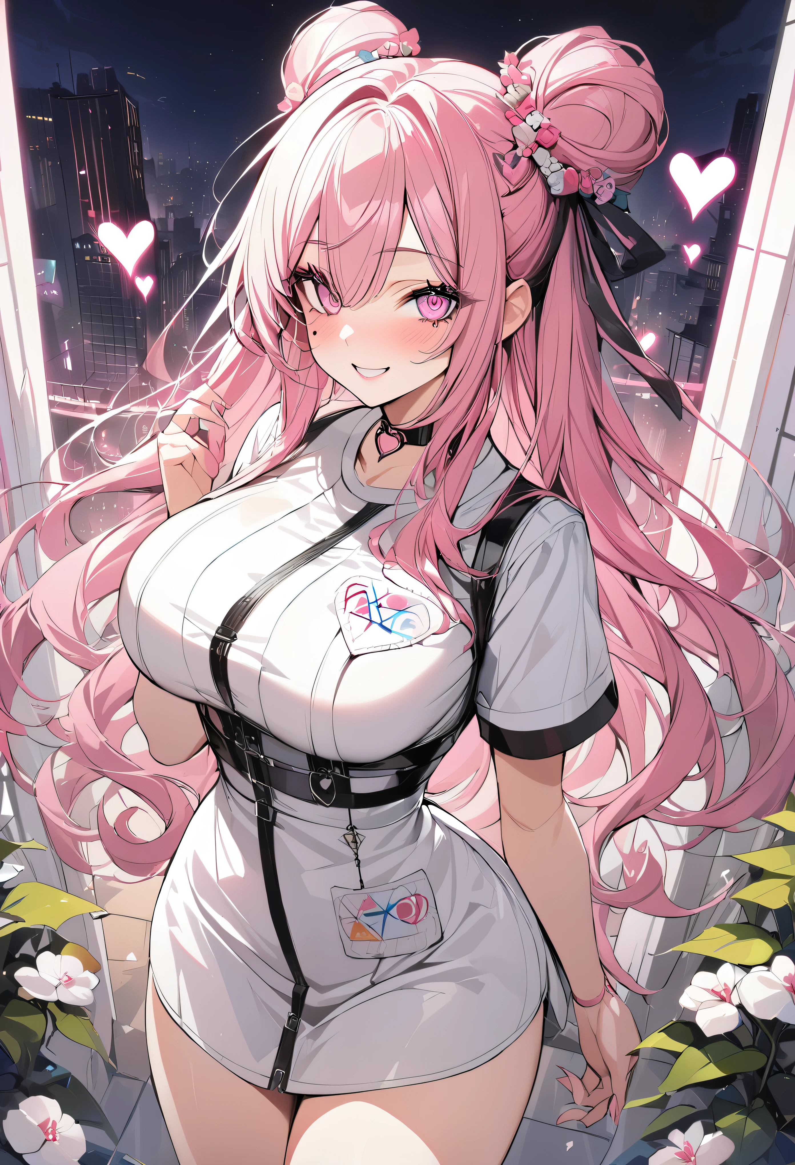 1 girl, pink long bun hair, heart shaped eyes, ♡, big breasts, nurse uniform, {girl with pink long bun hair named Nami}, (Pink eye color), {downtown}, (smile), bright background , mole under eye, heart shaped choker, (masterpiece, highest quality), very detailed, highest quality, official art, beautiful and aesthetic: 1.2), (1 girl), very detailed, (geometry art: 1.3), colorful, most detailed ?d1 girl, pink long bun hair, Eye of the symbol, +__+, big breasts, gothic costume, {A girl with long pink bun hair named Nami}, (Pink eye color), {downtown}, (smile), bright background, （garden,beautiful flower々）,mole under eye, heart shaped choker, (masterpiece, highest quality), official art, beautiful and aesthetic: 1.2), (1 girl), very detailed, (geometry art: 1.3), colorful