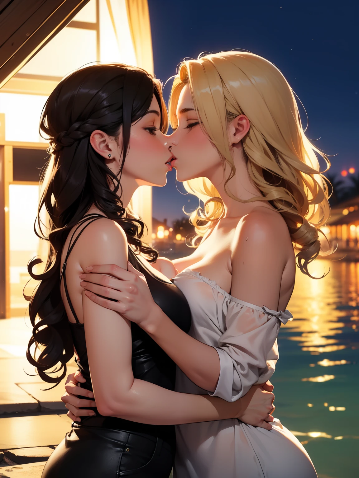 Female couple kissing naked woman in the water on deserted beach at night, (SFW) Work, kissing together cutely, Girl Love Art, OPPEIN, Side milk, Slightly saggy big breasts, small breasts, (((Extra long yellow curly hair))), (((Brown shoulder-length straight hair))), (girl love kiss), The mouth is very detailed,  (girl love hug), touch her clothes, (touching each other&#39;s breasts), SFW version