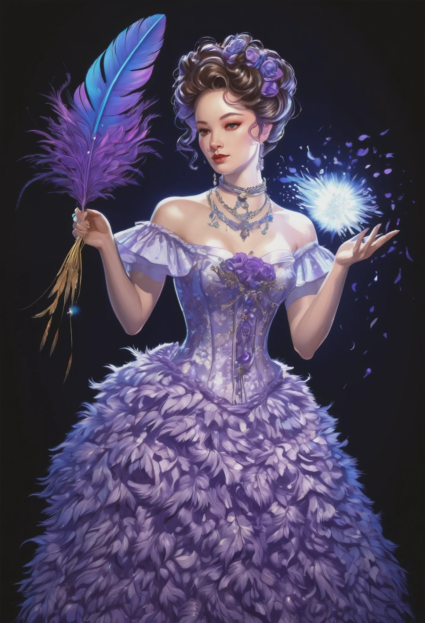 illustration，painting，acrylic painting，victorian art style，The magical girl holds a blue-purple magic bullet that emits a strong light in her hand，Beautiful dress made of flowers，full body portrait，Focus on falling feathers，rim light，Glowing special effects，Colorful and bright，high saturation，high contrast，black background，Super fine，Super realistic，Real light and shadow contrast，Realistic ray tracing，True light falloff，True light reflection，anti-aesthetic style，Poodlepunk，Snapshot aesthetic style ，  --q 2  --s 980   --ar 9:16 --niji 6