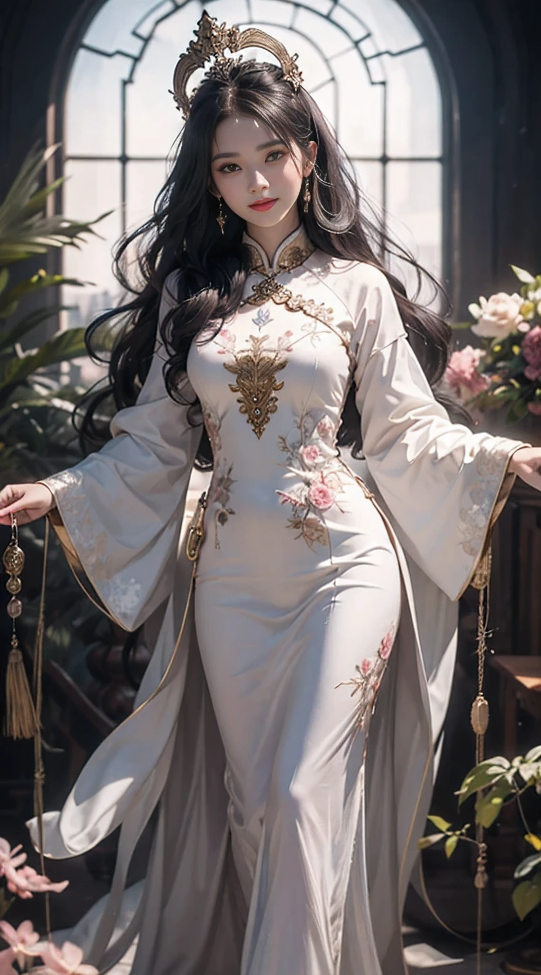 Portrait of a milf saint of 28 years old, Saint with a beautiful and super cute face,Wearing a very thin and sexy Ao Dai, Beautiful cute face, There is a deep slit in the chest、Black and white lace trim attractive Ao Dai, Beautiful face without blemish, Lovely smile, ((7 colors of hair length:1.2)), Big Crown, Hair brooch, Hamf Dress, Chinese ancient style, Full Body Jewelry, Tattoo on the forehead, The breasts of the female saint are round、It's so full, Breast augmentation surgery, Innocent face, The most beautiful and detailed pale red lipstick, ((thin plump lips:0.3)), Delicate pink and white eyes (White and detailed) Cinematic, Light and Darkness, Dramatic Lighting, magical light, Highly detailed light, True Color, Super sharp, Realistic, The 8k quality, Fantasy universe background, Saints and magical spaces, The most detailed image, Solo, saints, ((See the saint's upper body directly:0.4)), ((Smooth skin:0.5)),