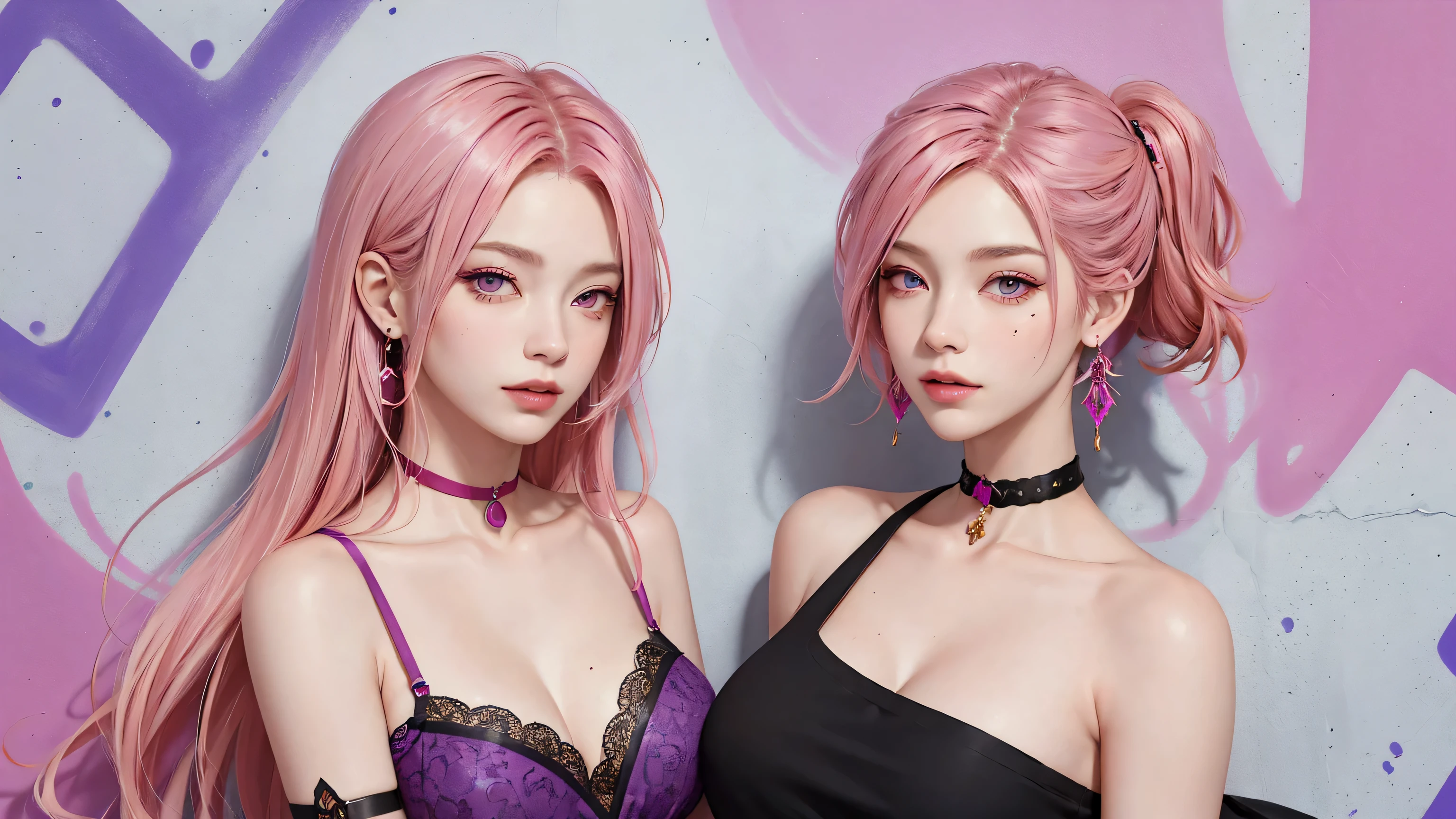 (Masterpiece, best quality, 1 girl, alone, complicated details, Chromatic aberration), realistic, ((Moderate breath)),long hair, pink hair, Red headpiece, Pink Highlights, hair on one eye,purple eyes, earring, sharp eyes, choker, Neon coat, She wears a collar, bangle, and kimono style garters., crop top, (symmetrical eyes),(Perfect symmetrical body),against the wall, Brick wall, (colorful graffiti words on the wall:1.2), The light is dim., alley ,Look at the viewer.,