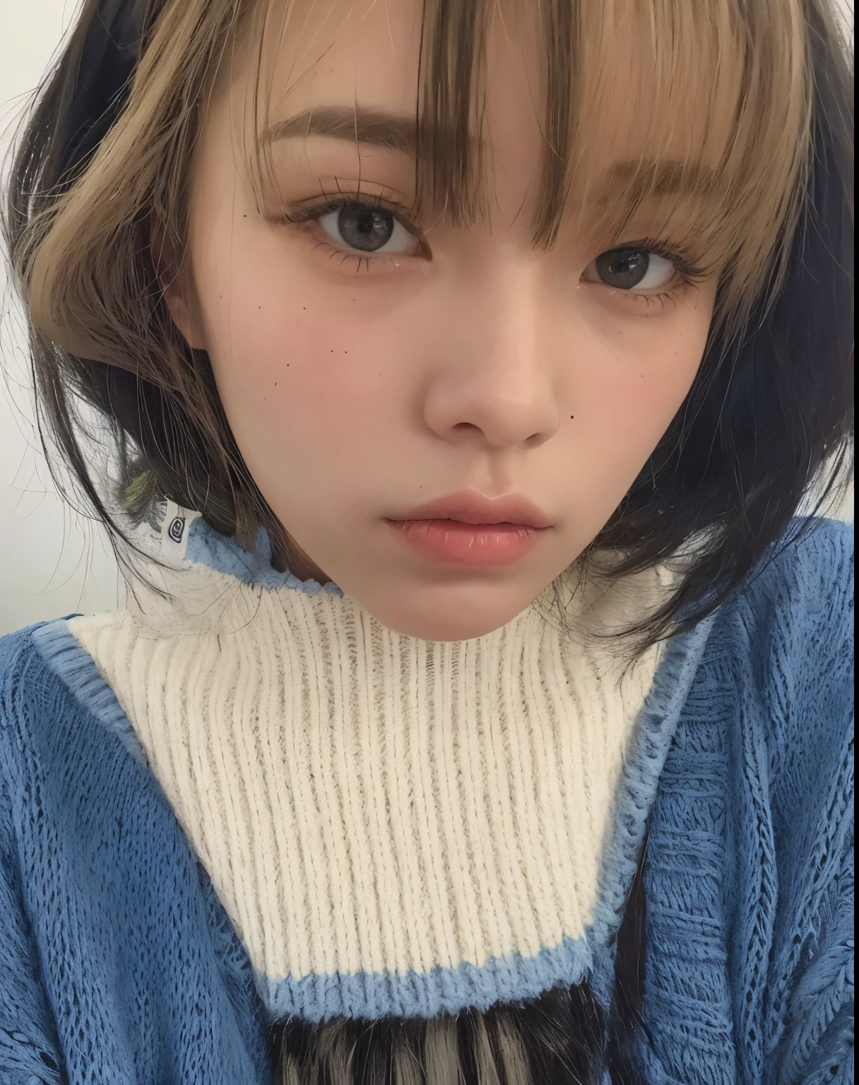 puffy woman in a blue sweater and a white scarf, Ulzzang, 🤤 retrato de , Com franja, com franja completa, Chiho, com cabelo curto, Kim Doyoung, neat hair Com franja, Sun Yunjoo, o corte Hime, penteado com corte hime branco, Heonhwa Choe, franja fofa, Jinyoung Shin, franja repartida ao centro
