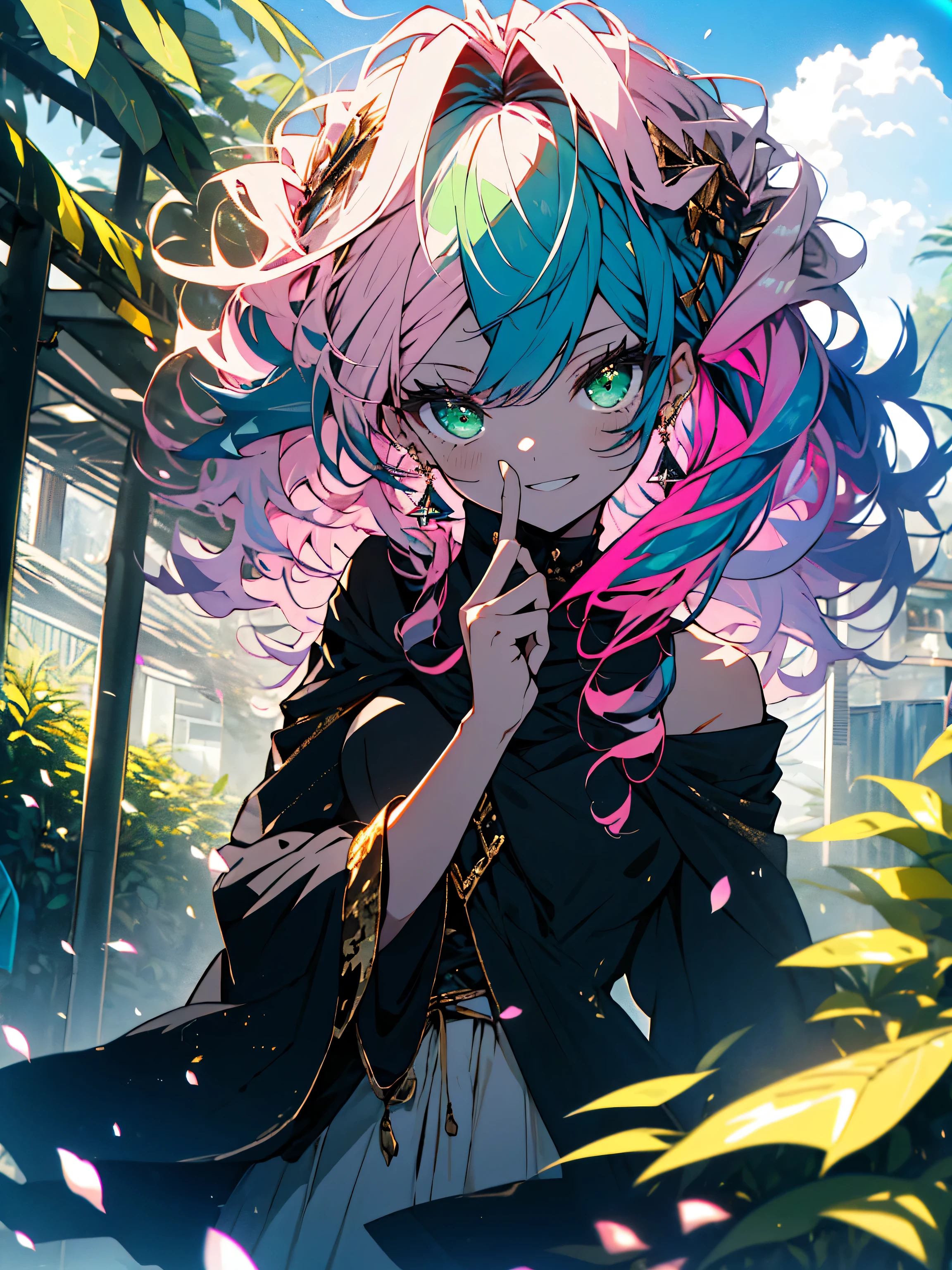 (highest quality、masterpiece、High resolution、be familiar with)、(Shining eyes、be familiar with美しい顔)、8K、(1 girl), (rainbow colored hair, colorful hair, half green and half pink hair: 1.2), , green_null, I have a magic wand, summer , petal_On top of that, black cloak, red and black torn dress, skirt: 1.2, (gold lOn top of thatg curly hair: 1.5), null, outdoor, cloud, bangs, smile, null green eyes, bare shoulders, perfect hands, hand details, repaired finger. earrings, (accordion player),sea background, looking for_in_viewer, cowboy shot, highest quality, Rich details, perfect image quality, fantasy