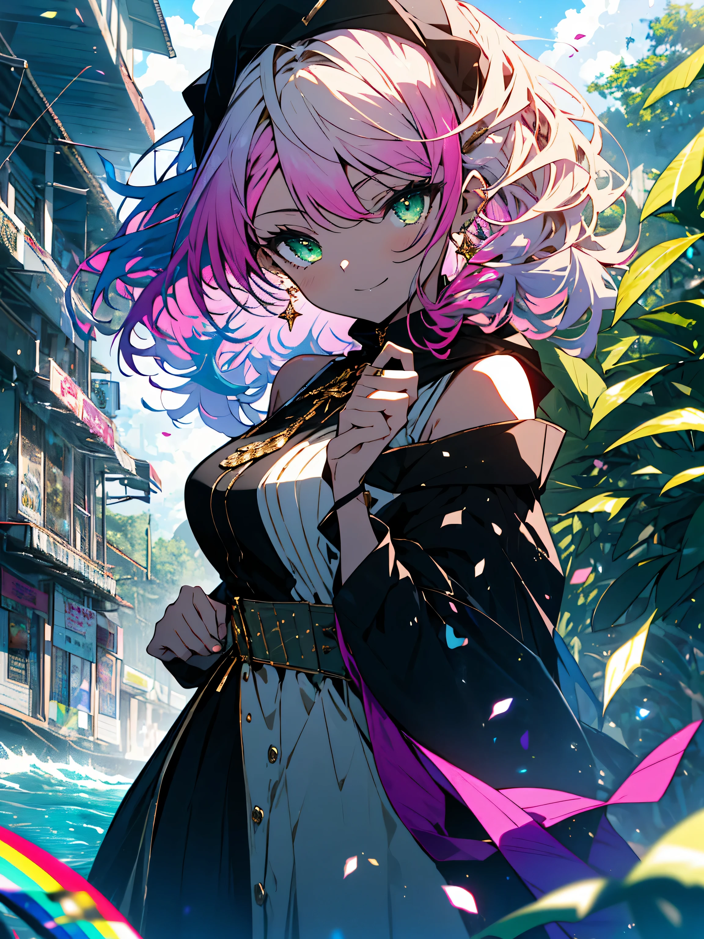 (highest quality、masterpiece、High resolution、be familiar with)、(Shining eyes、be familiar with美しい顔)、8K、(1 girl), (rainbow colored hair, colorful hair, half green and half pink hair: 1.2), , green_null, I have a magic wand, summer , petal_On top of that, black cloak, red and black torn dress, skirt: 1.2, (gold lOn top of thatg curly hair: 1.5), null, outdoor, cloud, bangs, smile, null green eyes, bare shoulders, perfect hands, hand details, repaired finger. earrings, (accordion player),sea background, looking for_in_viewer, cowboy shot, highest quality, Rich details, perfect image quality, fantasy