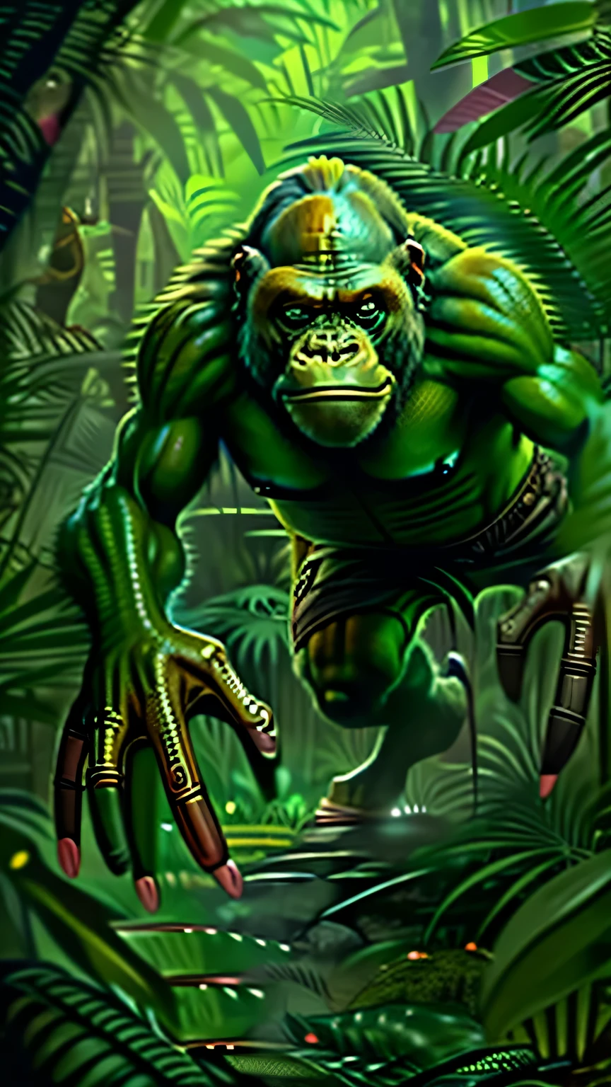 A creature with a toad face and gorilla fangs runs through the forest, intravenously, Swamp monsters, Surreal fantasy monsters, Creatures deep in the jungle, Zgok 8K HD resolution, Frog creatures, Lizard art, savage monster, crazy creature, fierce eyes