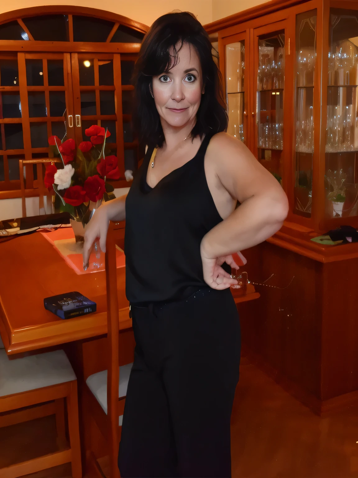 tthere's a woman standing in a room with a glass of wine, 35 years old woman, 40 years old woman, she's about, she's wearing a black tank top, wearing black dress pants, profile picture. Woman in good physical shape, high resolution, high quality, 8k.