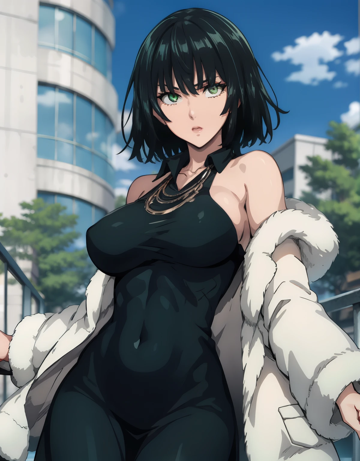 fubuki, fubuki, black hair, (green eyes:1.5), short hair, BREAK black dress, dress, fur coat, high collar, jewelry, necklace, off shoulder, taut clothes, taut dress, BREAK outdoors, BREAK looking at viewer, (cowboy shot:1.5), BREAK (masterpiece:1.2), best quality, high resolution, unity 8k wallpaper, (illustration:0.8), (beautiful detailed eyes:1.6), extremely detailed face, perfect lighting, extremely detailed CG, (perfect hands, perfect anatomy),