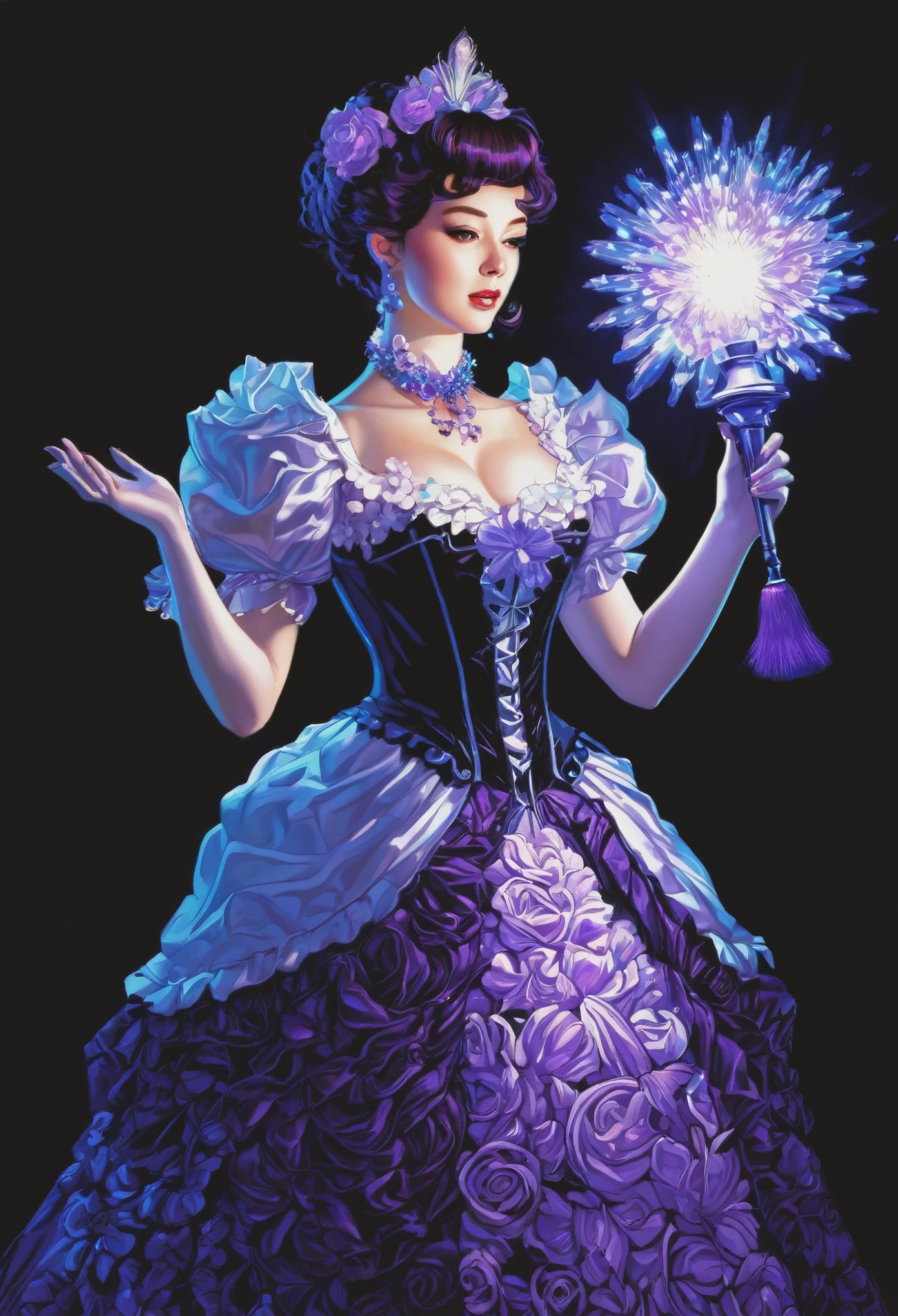 illustration,painting,acrylic painting,victorian art style,The magical girl holds a blue-purple magic bullet that emits a strong light in her hand,Beautiful dress made of flowers,full body portrait,Glowing special effects,Colorful and bright,high saturation,high contrast,black background,Super fine,Super realistic,Real light and shadow contrast,Realistic ray tracing,True light falloff,True light reflection,anti-aesthetic style,Poodlepunk,Snapshot aesthetic style , --q 2 --s 980 --ar 9:16 --niji 6