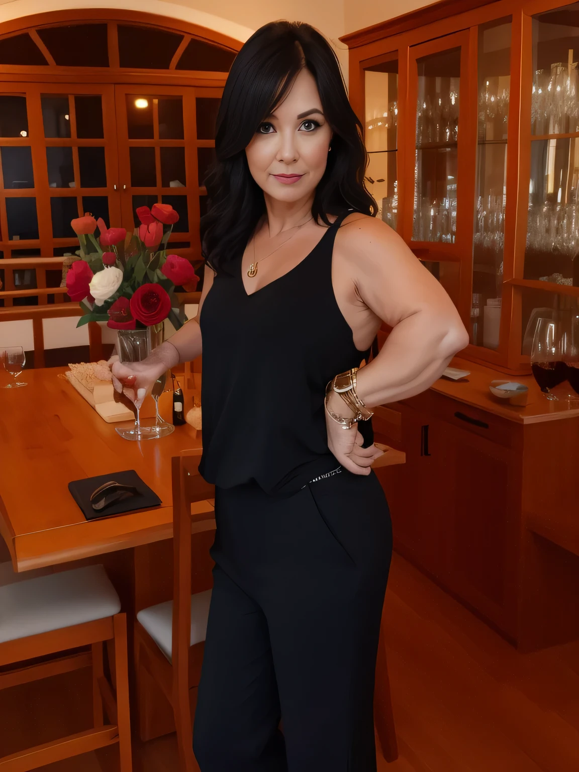 tthere's a woman standing in a room with a glass of wine, 35 years old woman, 40 years old woman, she's about, she's wearing a black tank top, wearing black dress pants, profile picture. Woman in good physical shape, high resolution, high quality, 8k.