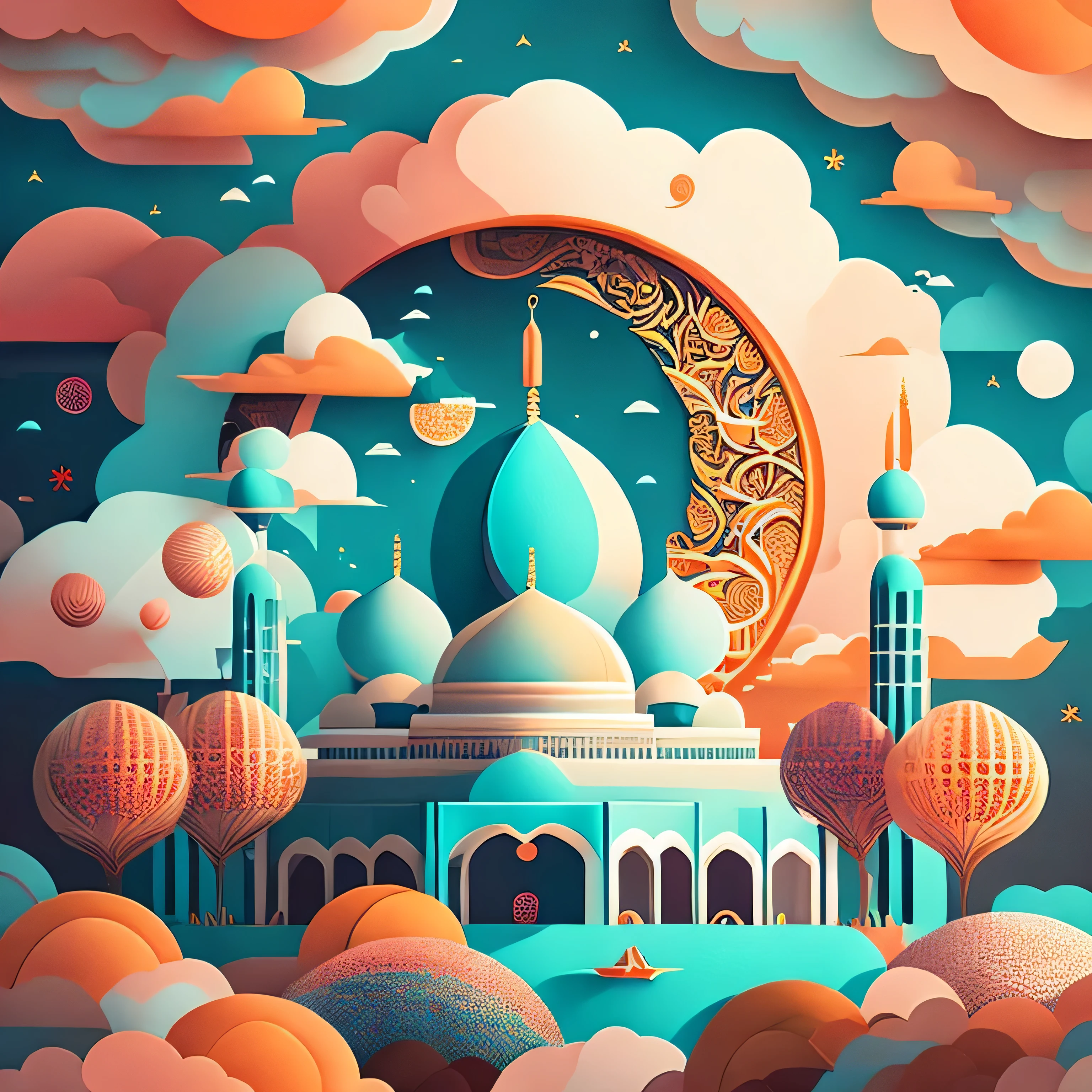 Art commercial illustration，modern mosque, islamic decoration around mosque, Mid-Autumn Festival themed poster。The background  a scene of the moon, The center area of the picture  centered and typeset, Clouds and details decoration，Poster design，vectorial art，Best quality，8K，teal orange pink, perfect object, with text "Ramadhan Mubarak".