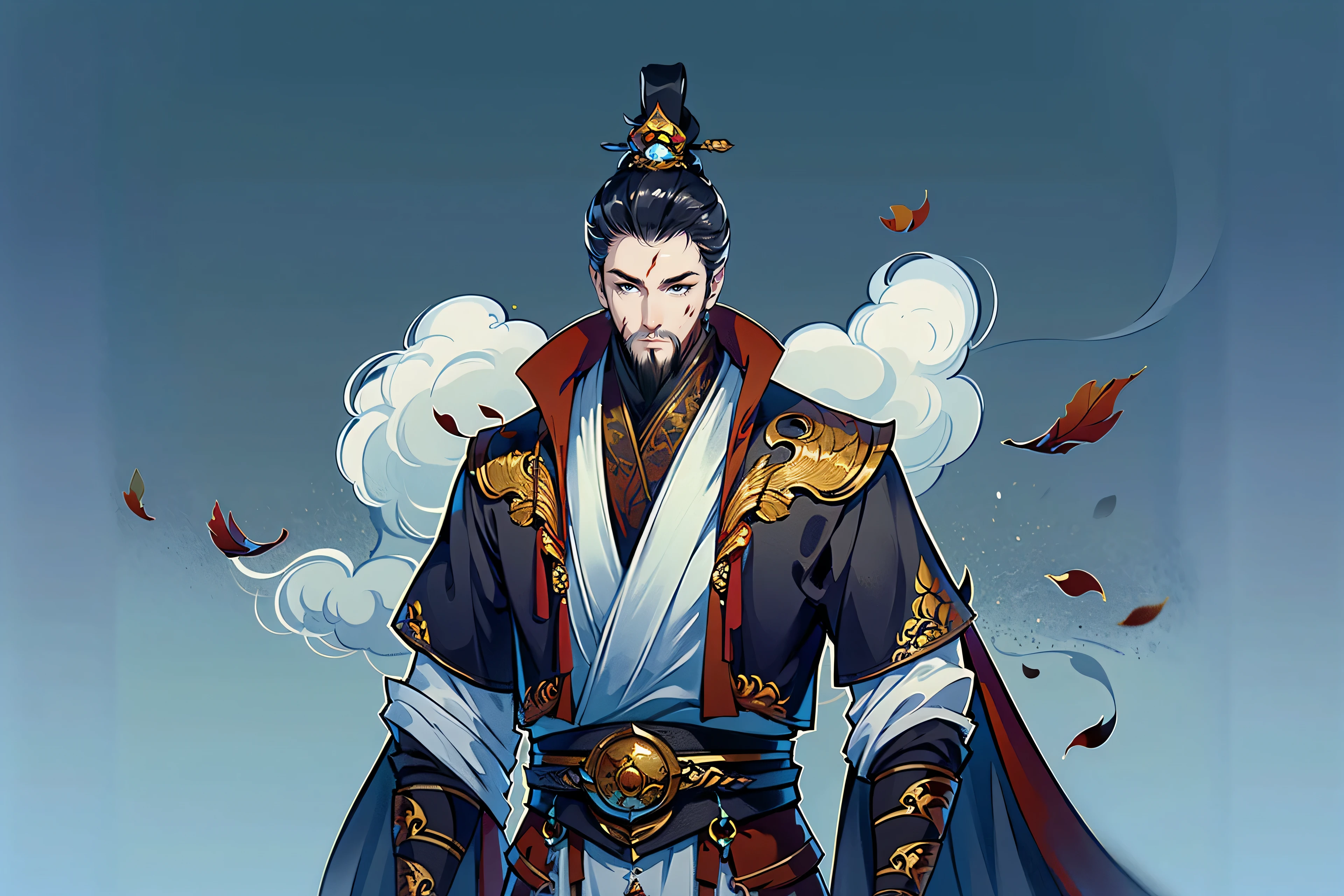 (masterpiece,super detailed,HD details,highly detailed art)1 person,beard scum,blood stains,battlefield,lighthouse smoke,The air is filled with smoke,foggy,Close-up foggy,alone,scar,scar,Awkward,torn clothes,dead leaves,hanfu,Highly detailed character designs from East Asia,Game character costume design,ultra high resolution, sharp focus, epic work, masterpiece, (Very detailed CG unified 8k wallpaper)