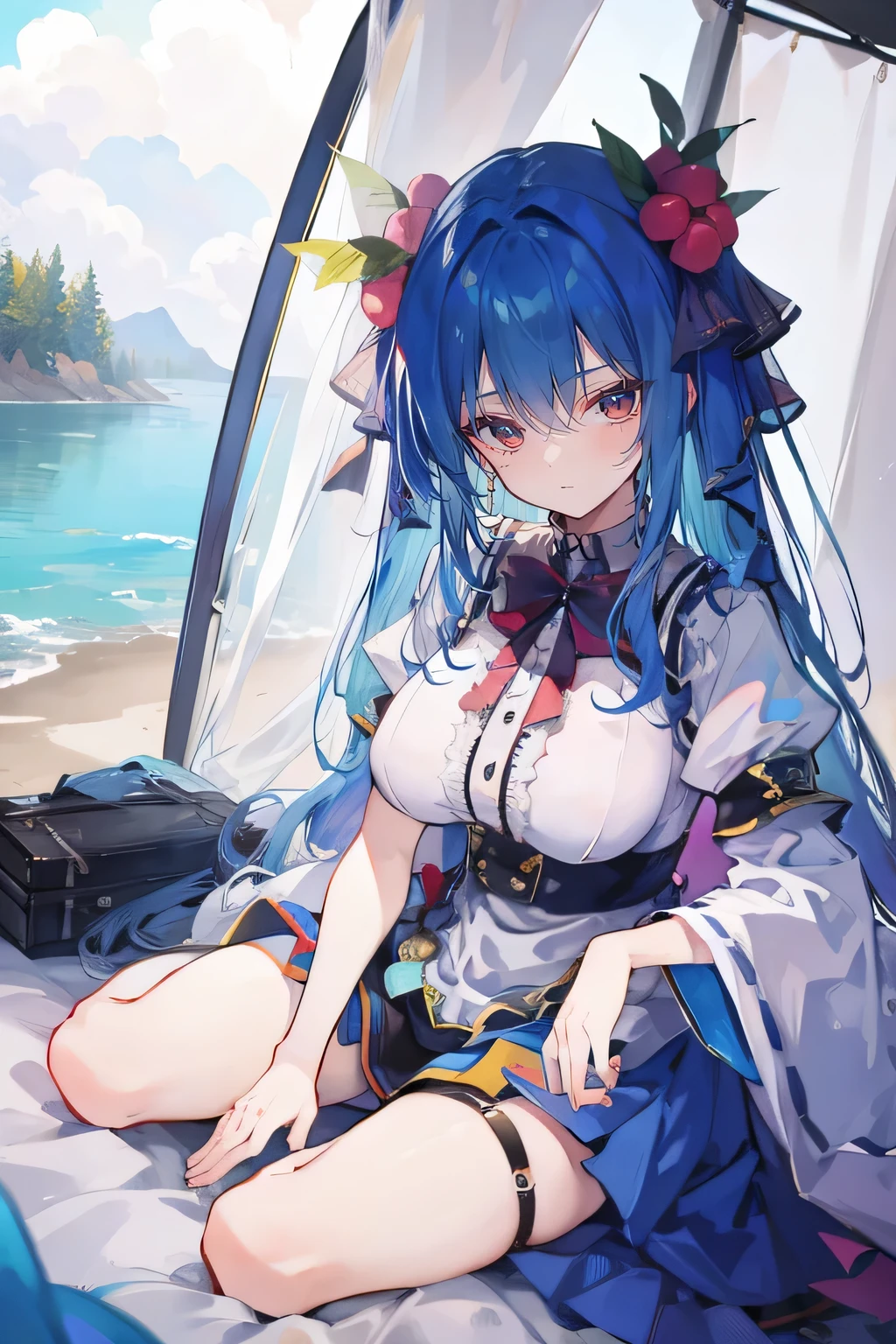 (masterpiece),best quality, expressive eyes, perfect face,sit, sit on ground, legs on the ground, 1girl,
big breasts, H cup, Good breasts, Put your hands on your waist,Fair, Gorgeous,japanese manga,girl,Laura,young angel, blue hair, blue haired,tent , tent chest, tent breast, floating clothes