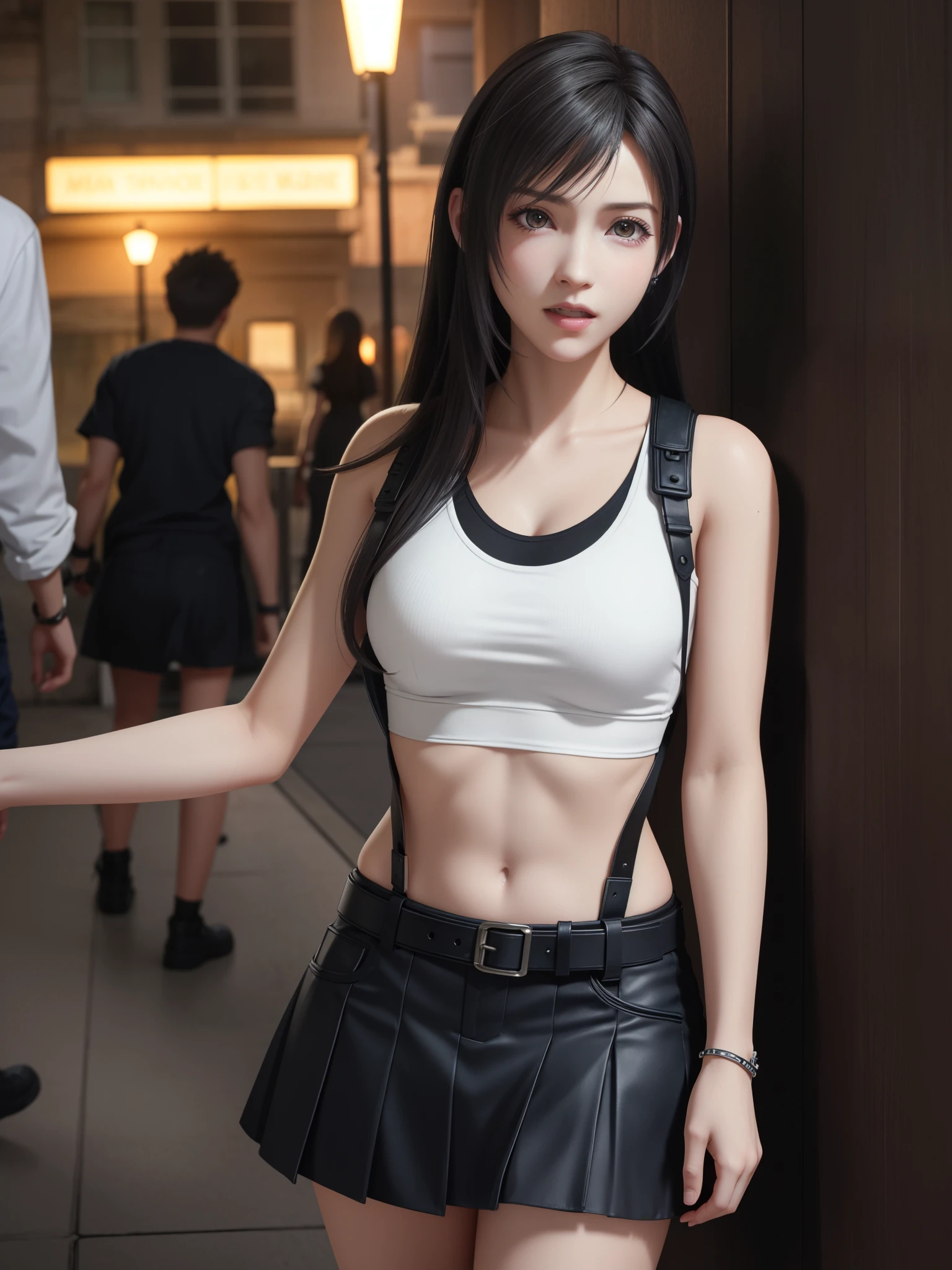 {top quality, masterpiece}, {{{Realistic, photo Realistic}}}, BREAK {{{FF7,Tifa_lockhart,solo}}},{{{A dark, barely lit torture chamber, wet, night}}},(face focus:1.1),  BREAK (((FF7,Tifa_lockhart))),{Light Brown Hair, Large breasts},(Tifa_lockhart uniform:1.3, suspenders, low rise, mini skirt, tank top),  BREAK (((FF7,Tifa_lockhart))),(crowd of monster:1.3),(many monsters:1.2), wet hair, about 18 years old,sensual, looking away:1.2, monsters attaking:1.3,(Tifa_lockhart,cornered against a wall),(being chased,run away),approaching fear, scream, pain, monsters crowd :1.7