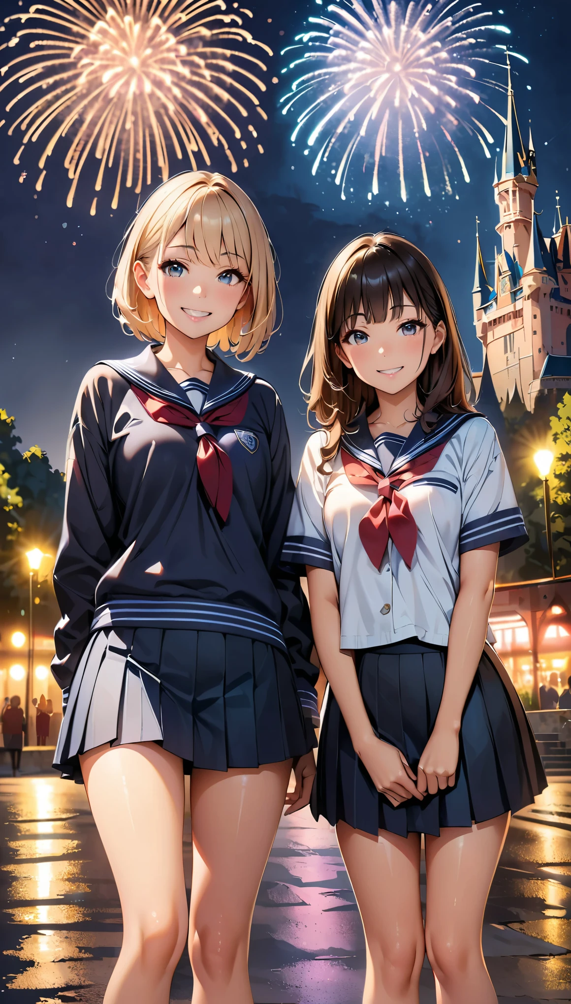 (highest quality, 4k, 8k, High resolution, masterpiece:1.2), Super detailed, (real, photorealistic:1.37), (Theme park scenery), two women, (Super detailedな顔, lip details, detailed eyes), double eyelid, (, sailor suit, blue pleated skirt, mini skirt), Photographed in front of the castle, ((smile, Low angle shooting:1.2)), night time, Large fireworks, professional lighting, photon mapping, Physically based rendering, shiny skin, (perfect fingers, five fingers, anatomically correct), background bokeh, 135㎜, f/2.8, photo shoot,