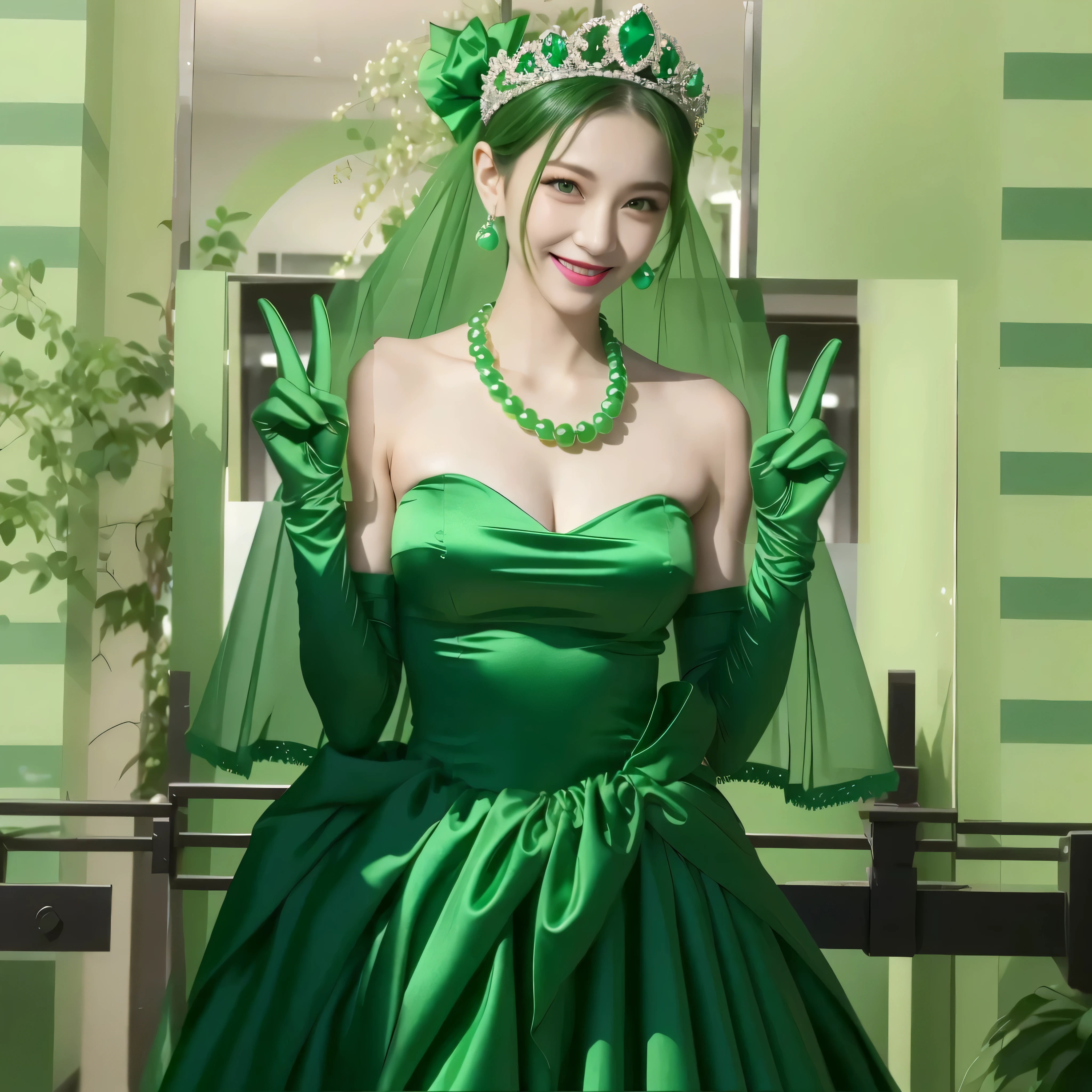 emerald tiara, green pearl necklace, Boyish green berry short hair, lipstick, Smiling Japan woman, very short hair, big breasts beautiful, green eyes, Green long gloves made of satin material, green eyes, V sign, emerald earrings, 30 generation women