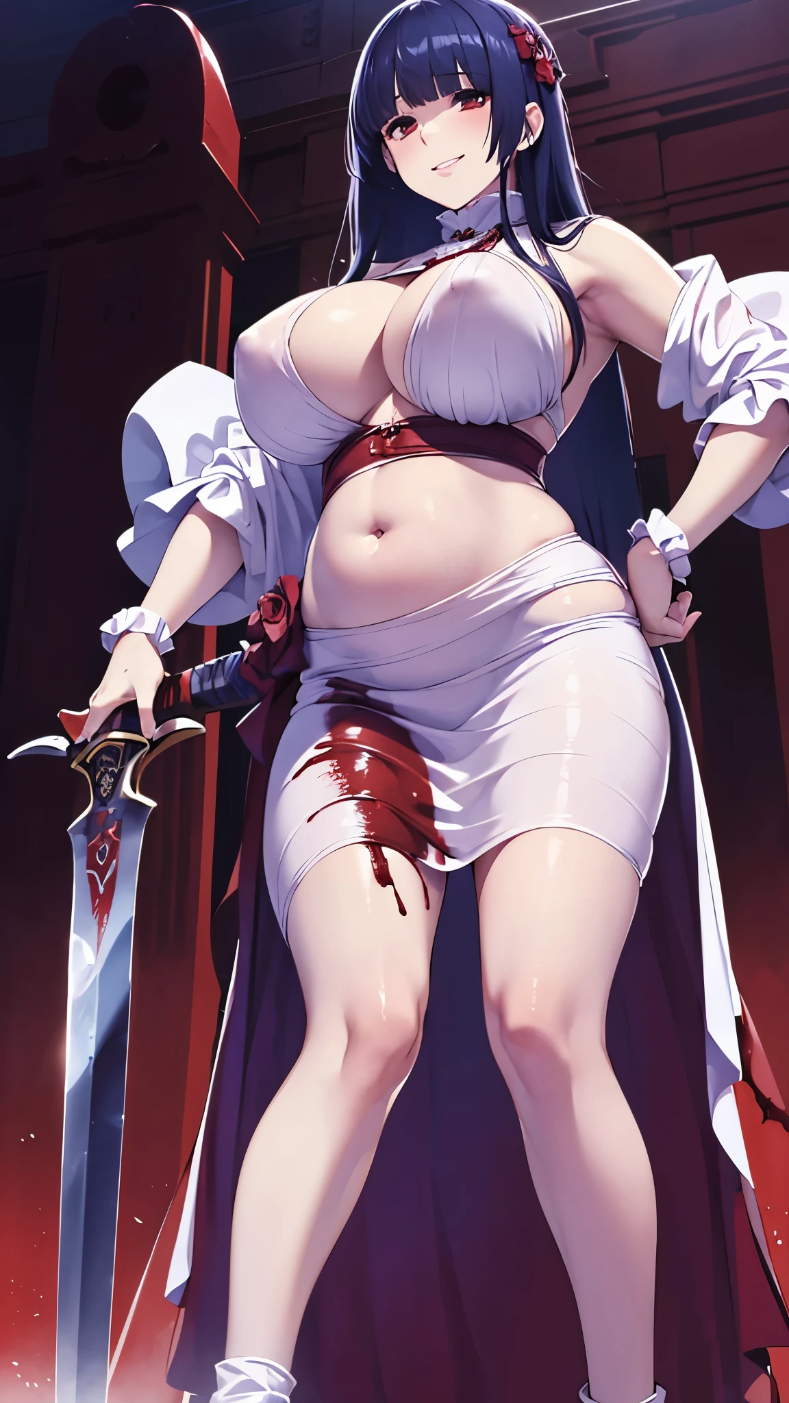 ((masterpiece)), ((best quality)), ((full colored)), beautiful girl, curvy, tall, belly button, big breasts, femdom, slaughter, bloody white dress, Blood on the body, Bloody, Blood on the belly button, Blood on the belly, Blood on the breasts, tall, bloody knife, bloody sword, war, fight, kill, Behead, shot from below, sensual, Blood on the breasts, smile, spattered by much blood, having a big bloody sword, reflecting blood on the whole body, looking down on me, massaging breasts, getting excited sexially, kill everyone, blood splatter, cruel, background with battlefield 